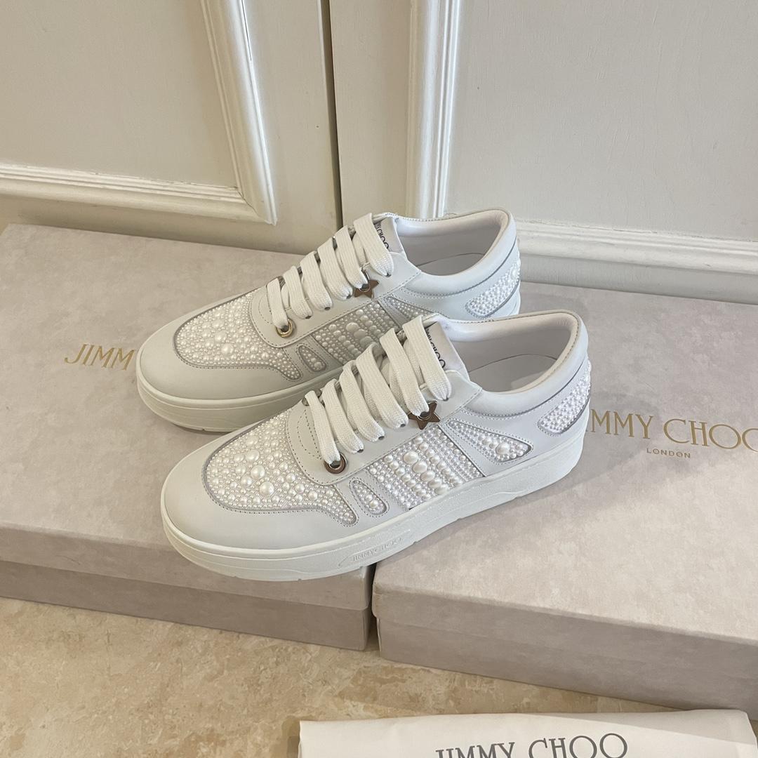 Jimmy Choo Hawaii/F White Calf Leather And Canvas Low Top Trainers With Pearl Embellishment - DesignerGu