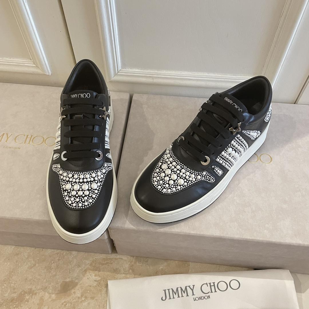 Jimmy Choo Hawaii/F Black Calf Leather And Canvas Low Top Trainers With Pearl Embellishment - DesignerGu