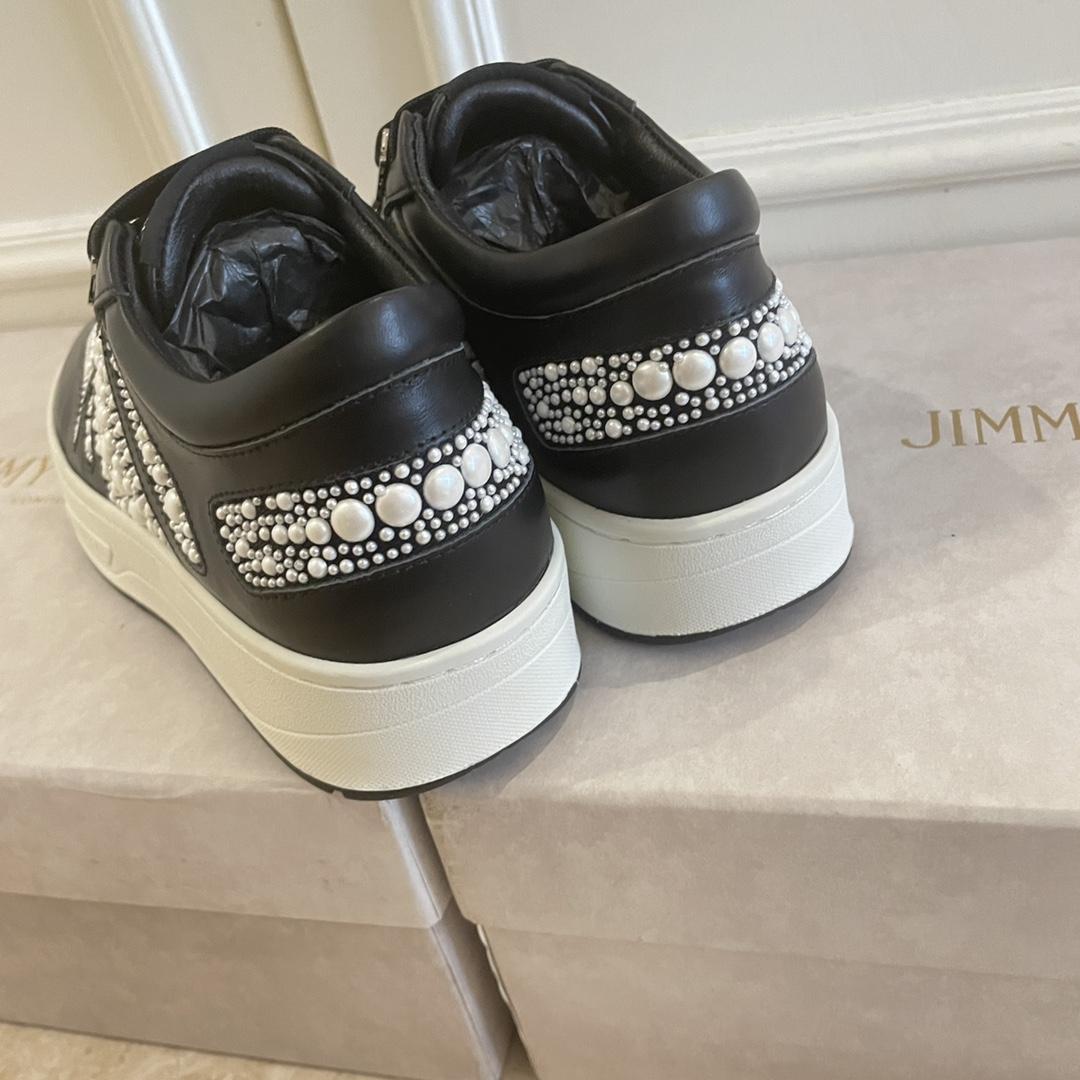 Jimmy Choo Hawaii/F Black Calf Leather And Canvas Low Top Trainers With Pearl Embellishment - DesignerGu