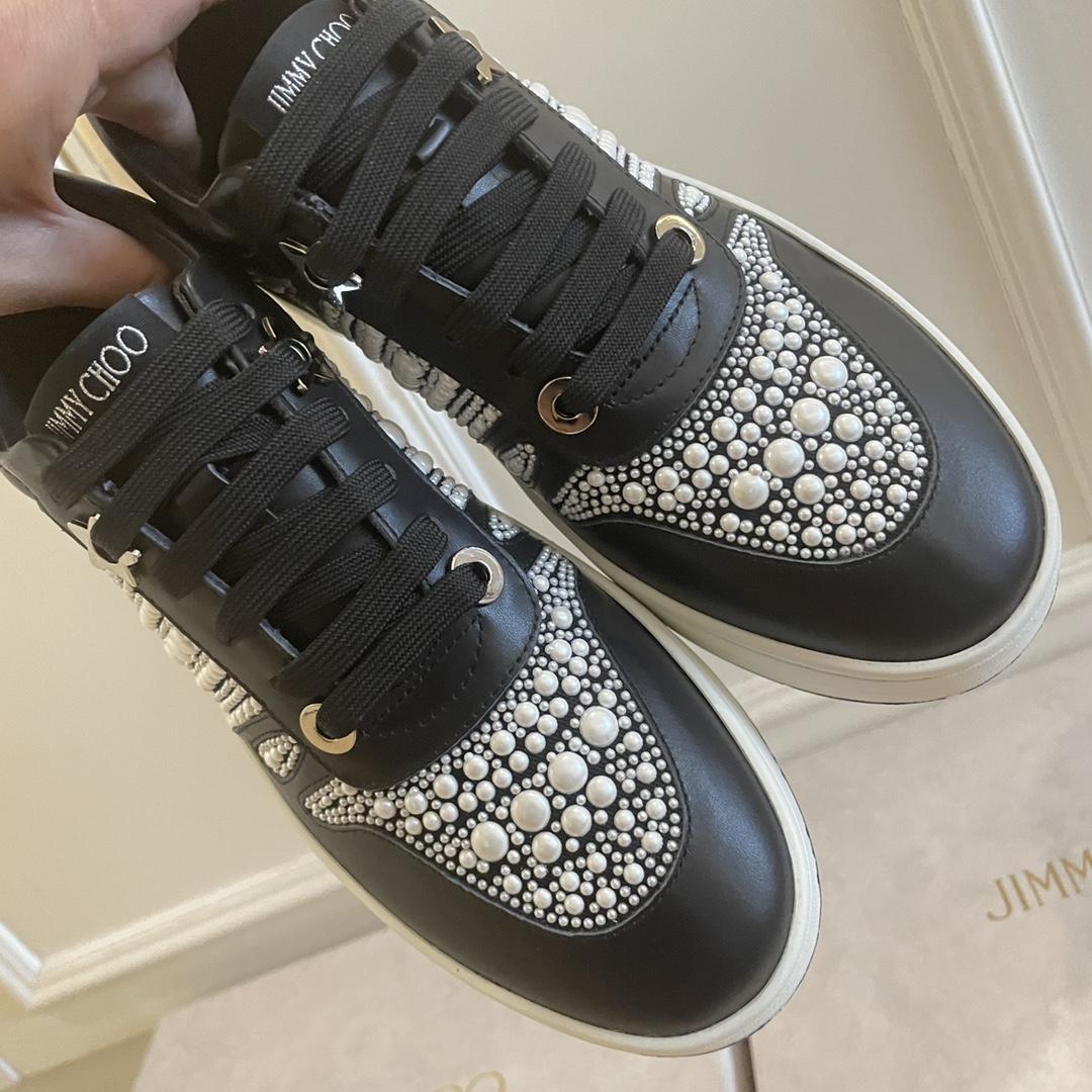 Jimmy Choo Hawaii/F Black Calf Leather And Canvas Low Top Trainers With Pearl Embellishment - DesignerGu