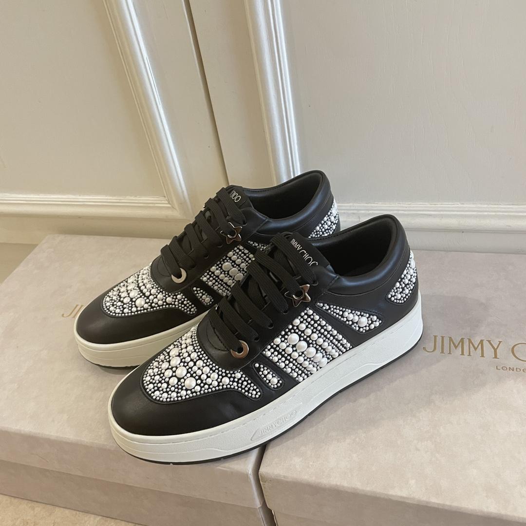 Jimmy Choo Hawaii/F Black Calf Leather And Canvas Low Top Trainers With Pearl Embellishment - DesignerGu