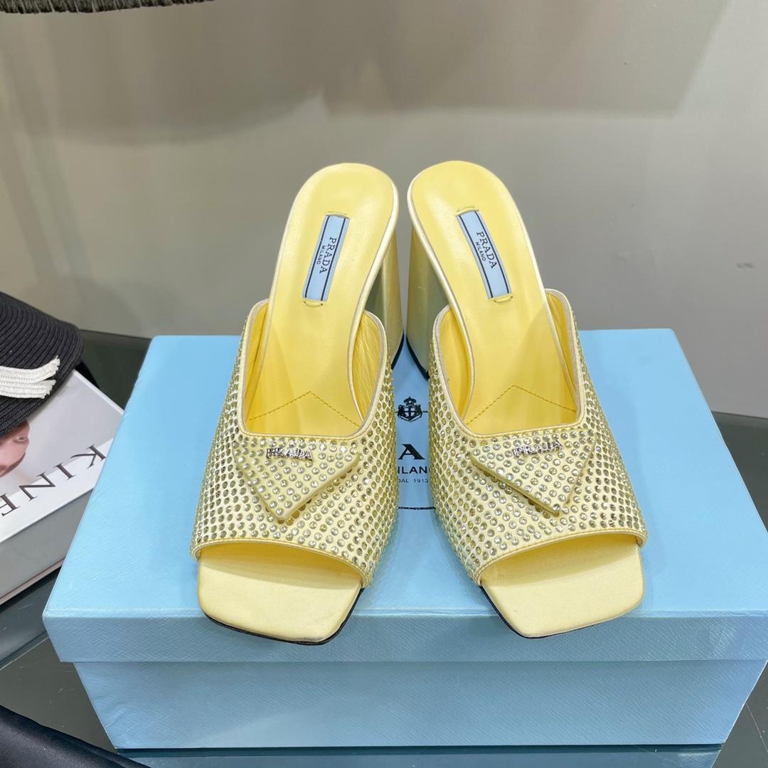 Prada High-Heeled Satin Slides With Crystals - DesignerGu