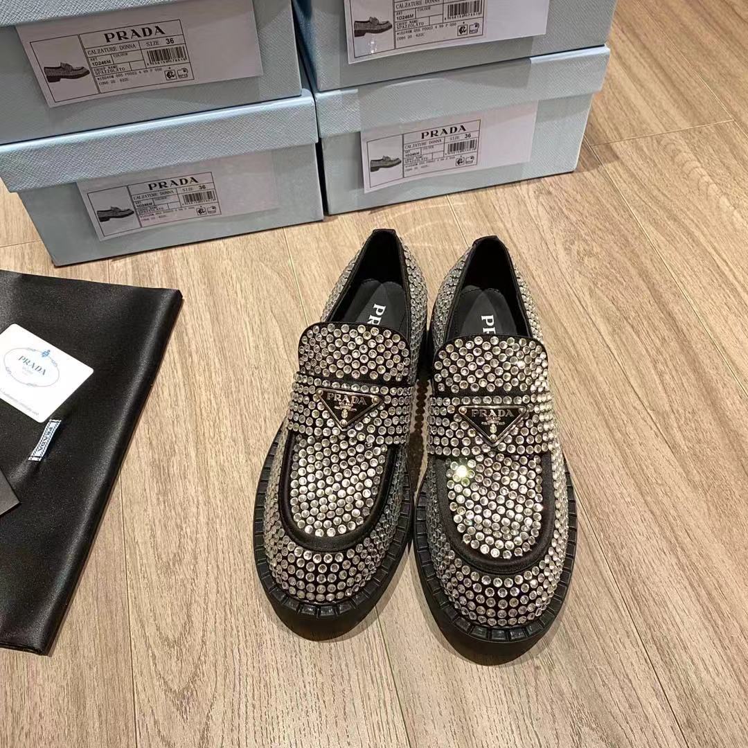 Prada Chocolate Satin Loafers With Crystals - DesignerGu