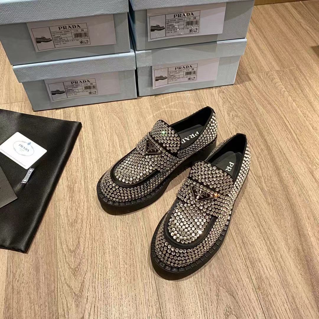 Prada Chocolate Satin Loafers With Crystals - DesignerGu