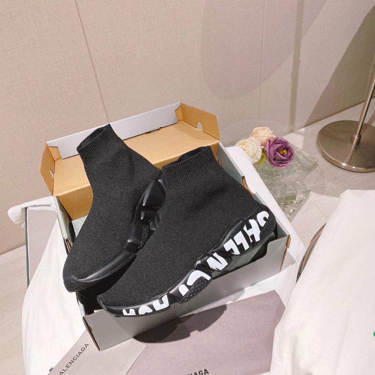 Balenciaga Speed Graffiti Sneaker In Black Knit - DesignerGu