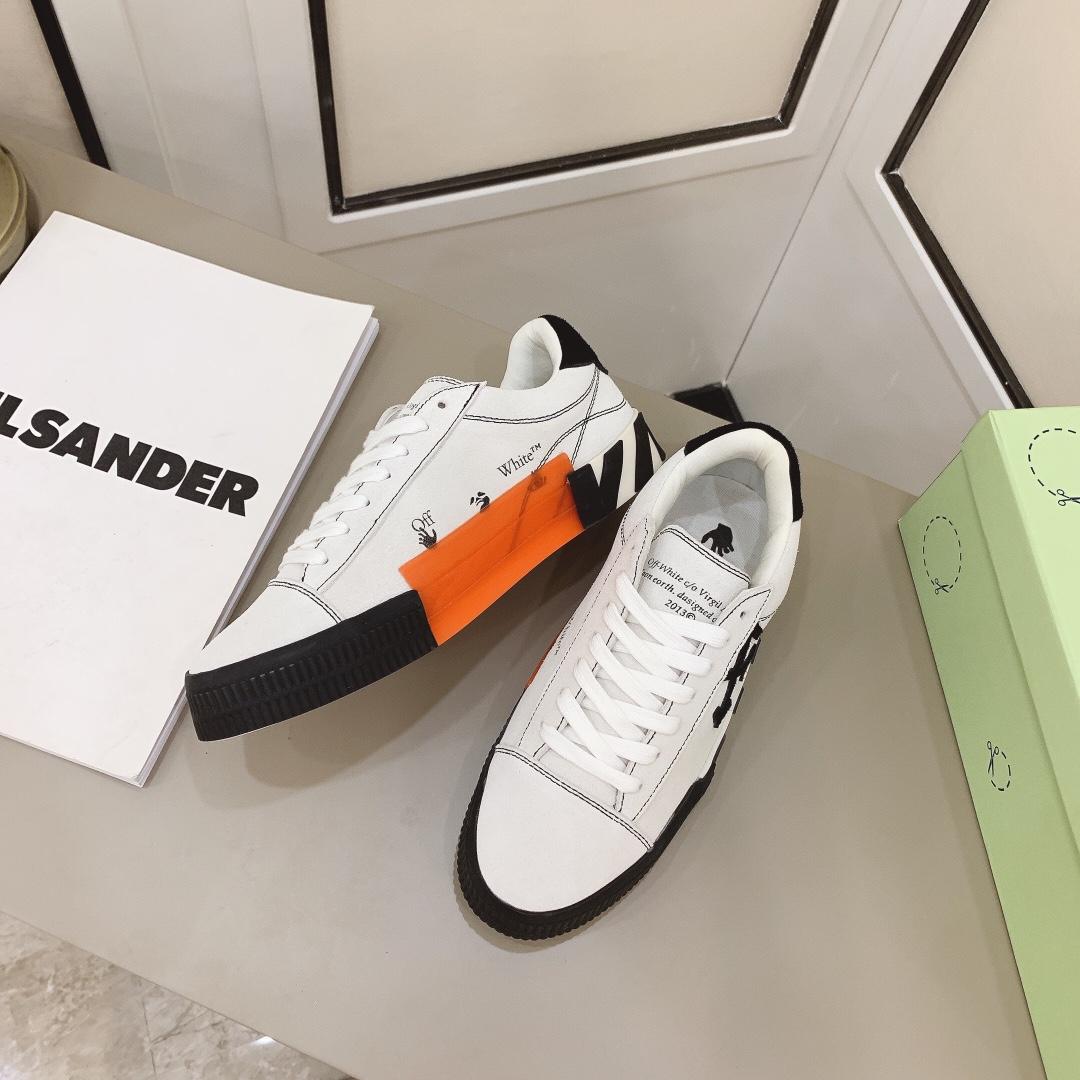 Off White White & Black Canvas Vulcanized Low Sneakers - DesignerGu