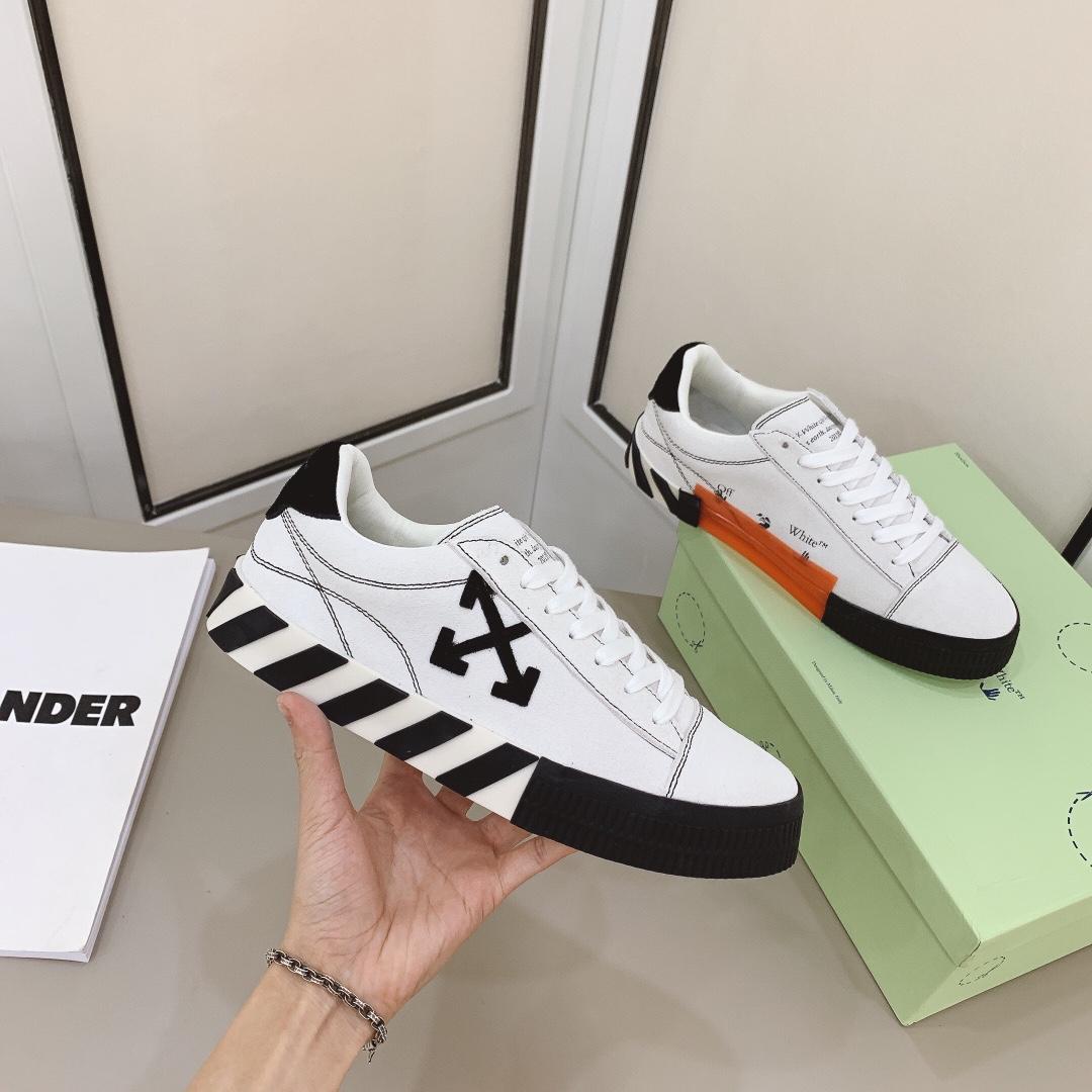 Off White White & Black Canvas Vulcanized Low Sneakers - DesignerGu