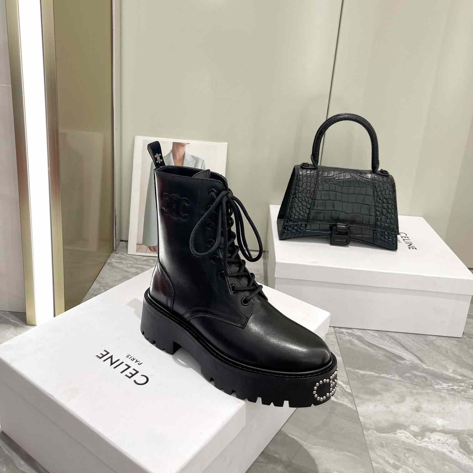 Celine Lace-Up Boot With Triomphe And Studded Outsole Celine Bulky In Shiny Bull - DesignerGu