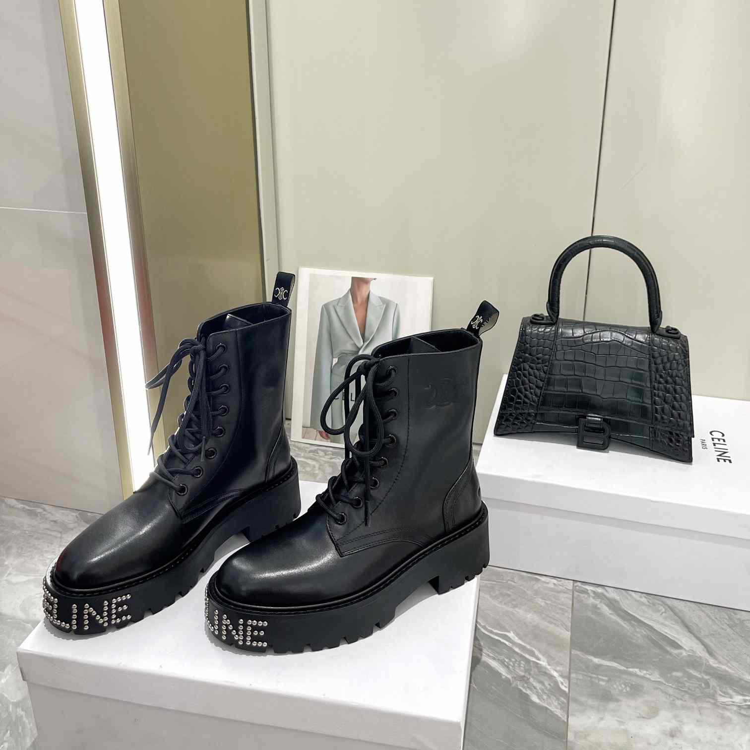 Celine Lace-Up Boot With Triomphe And Studded Outsole Celine Bulky In Shiny Bull - DesignerGu