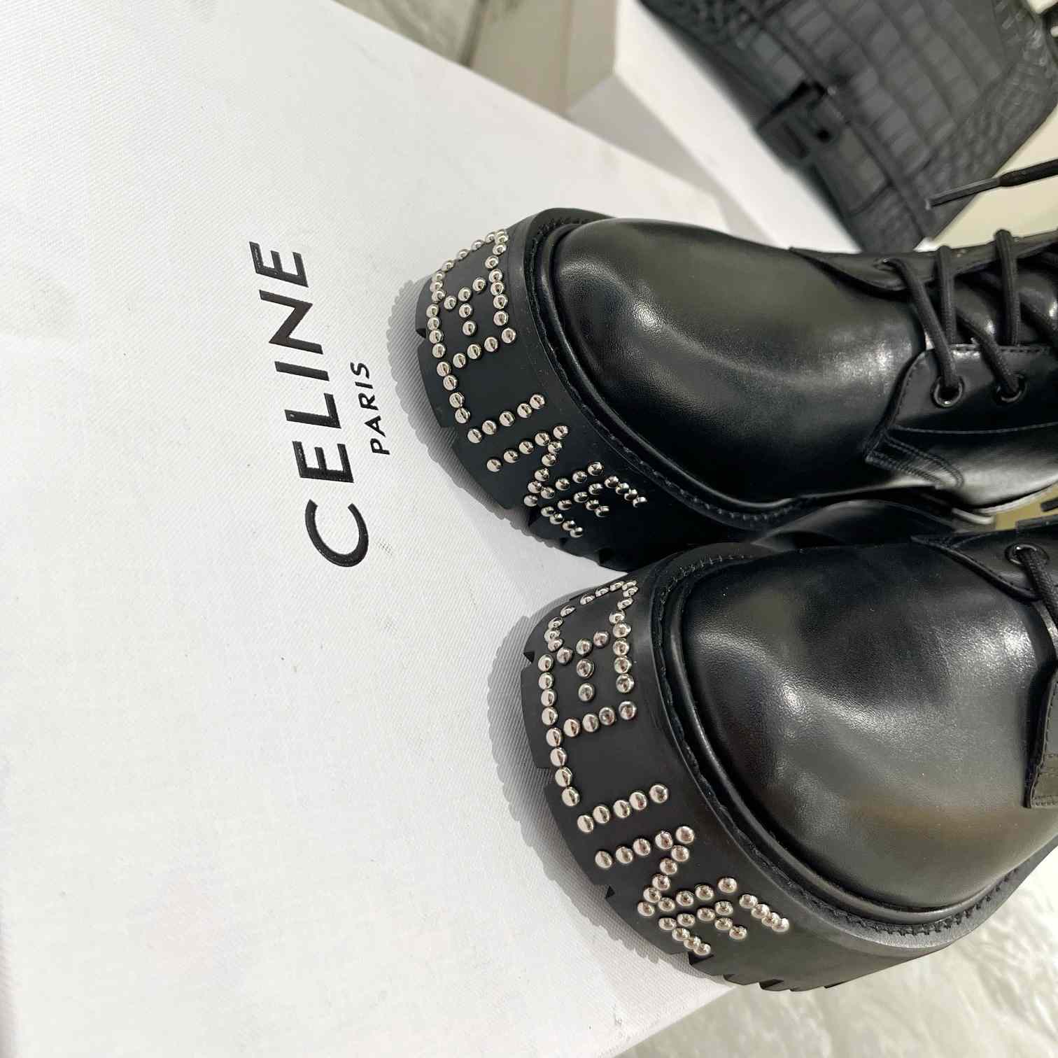 Celine Lace-Up Boot With Triomphe And Studded Outsole Celine Bulky In Shiny Bull - DesignerGu