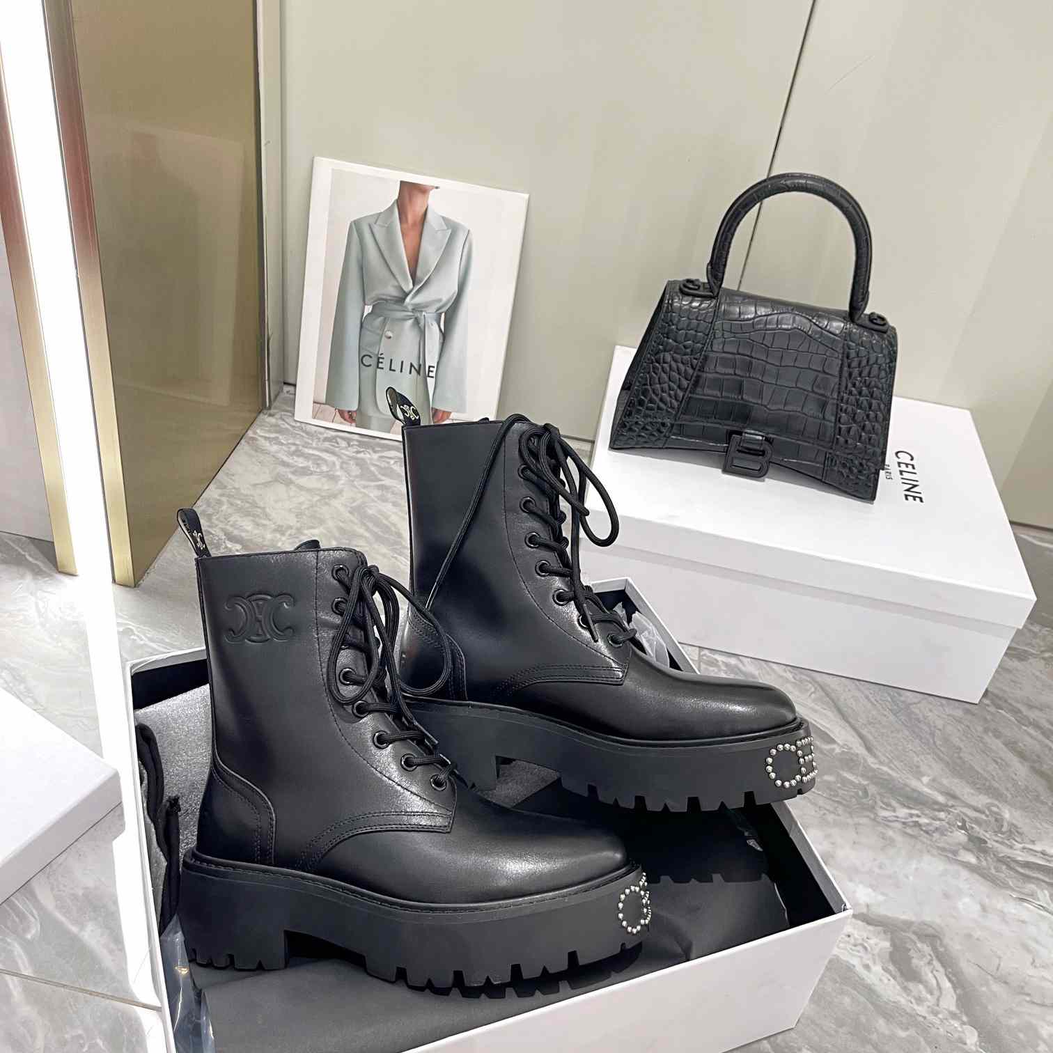 Celine Lace-Up Boot With Triomphe And Studded Outsole Celine Bulky In Shiny Bull - DesignerGu