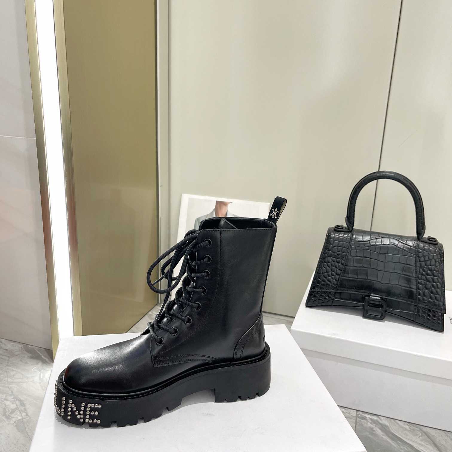 Celine Lace-Up Boot With Triomphe And Studded Outsole Celine Bulky In Shiny Bull - DesignerGu