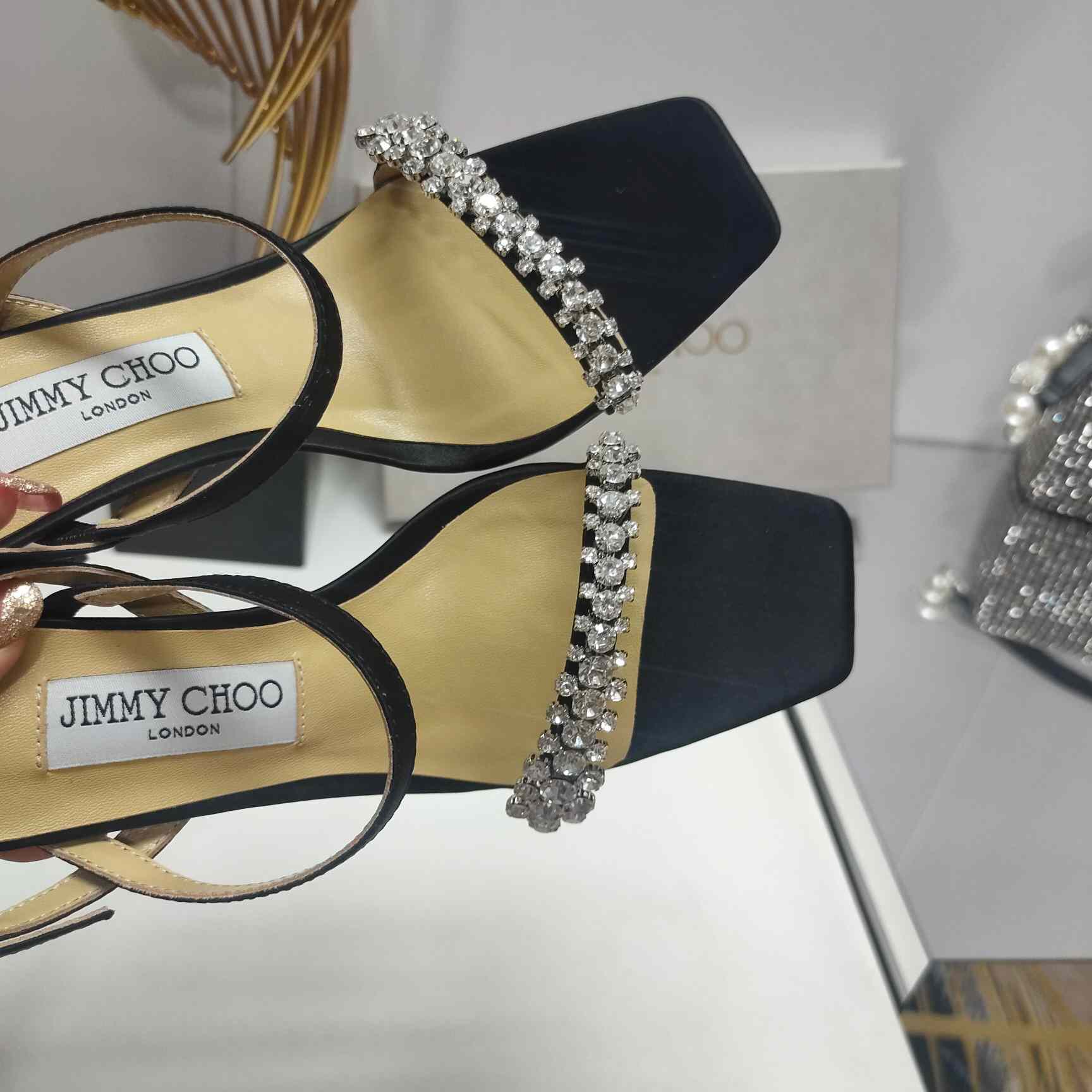 Jimmy Choo Meira 85 Black Suede Sandals With Crystal Embellishment - DesignerGu