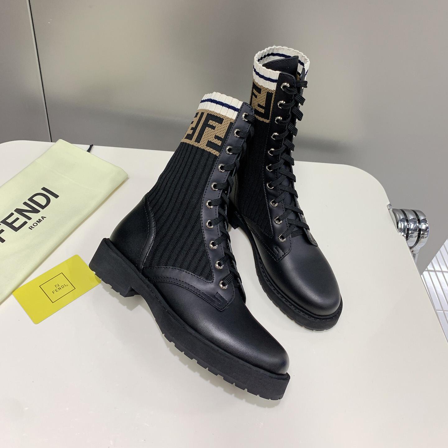 Fendi Rockoko Black Leather Biker Boots With Stretch Fabric - DesignerGu