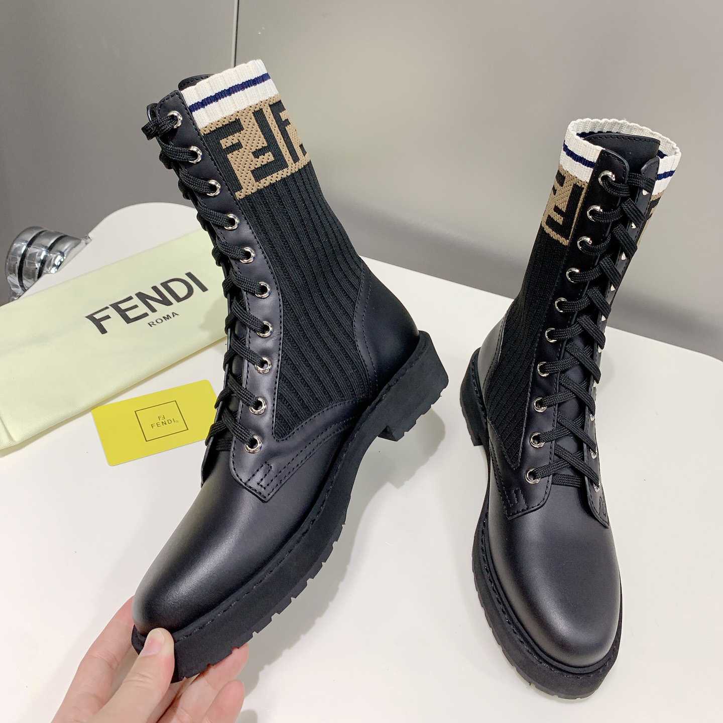 Fendi Rockoko Black Leather Biker Boots With Stretch Fabric - DesignerGu