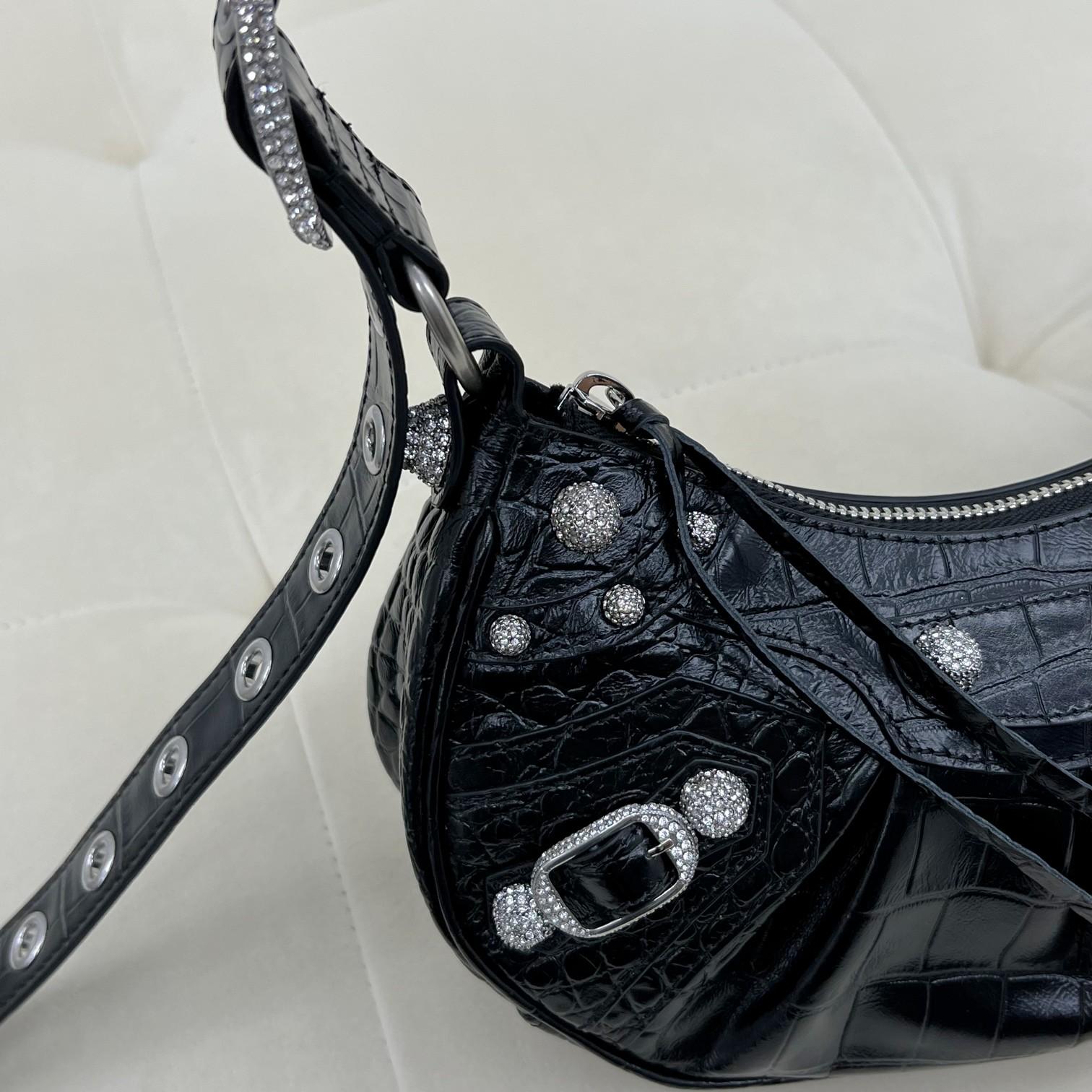 Balenciaga Women's Le Cagole XS Shoulder Bag Crocodile Embossed With Rhinestones In Black - DesignerGu