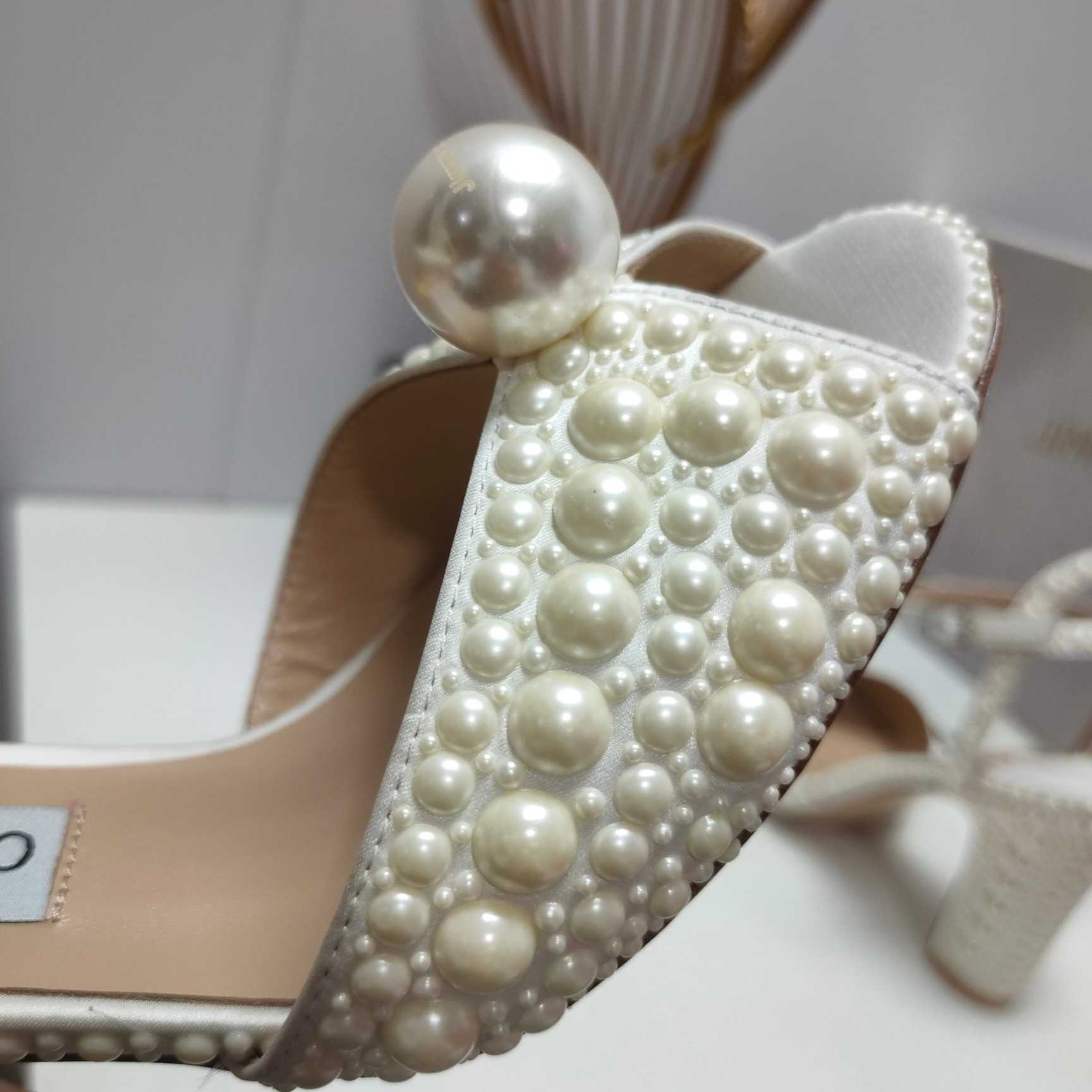 Jimmy Choo Sacaria White Satin Sandals With All-Over Pearl Embellishment - DesignerGu