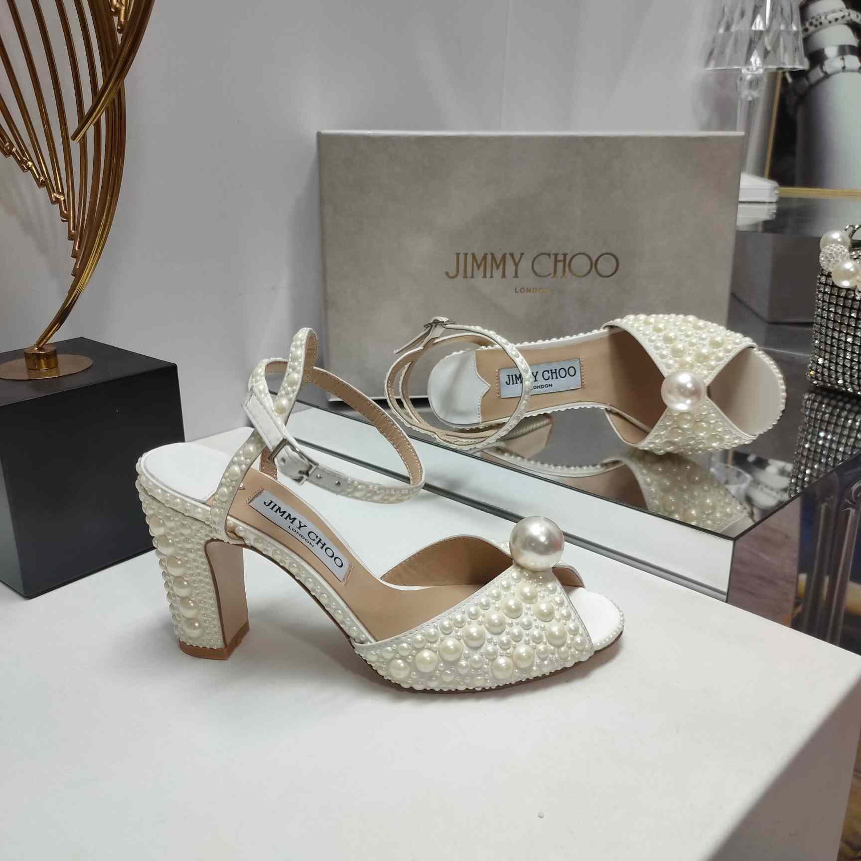 Jimmy Choo Sacaria White Satin Sandals With All-Over Pearl Embellishment - DesignerGu