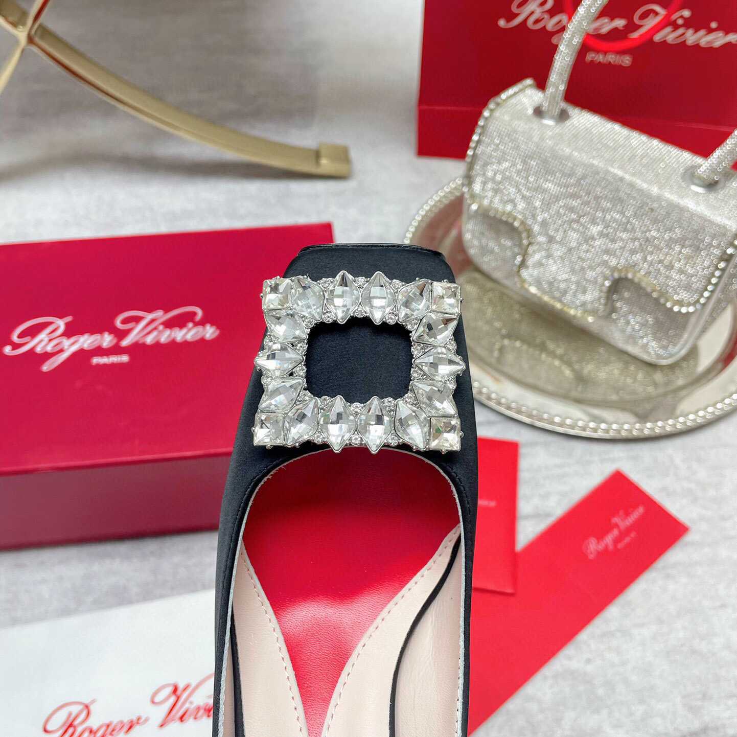 Roger Vivier Jewel Heel Rhinestone Buckle Pumps In Satin - DesignerGu