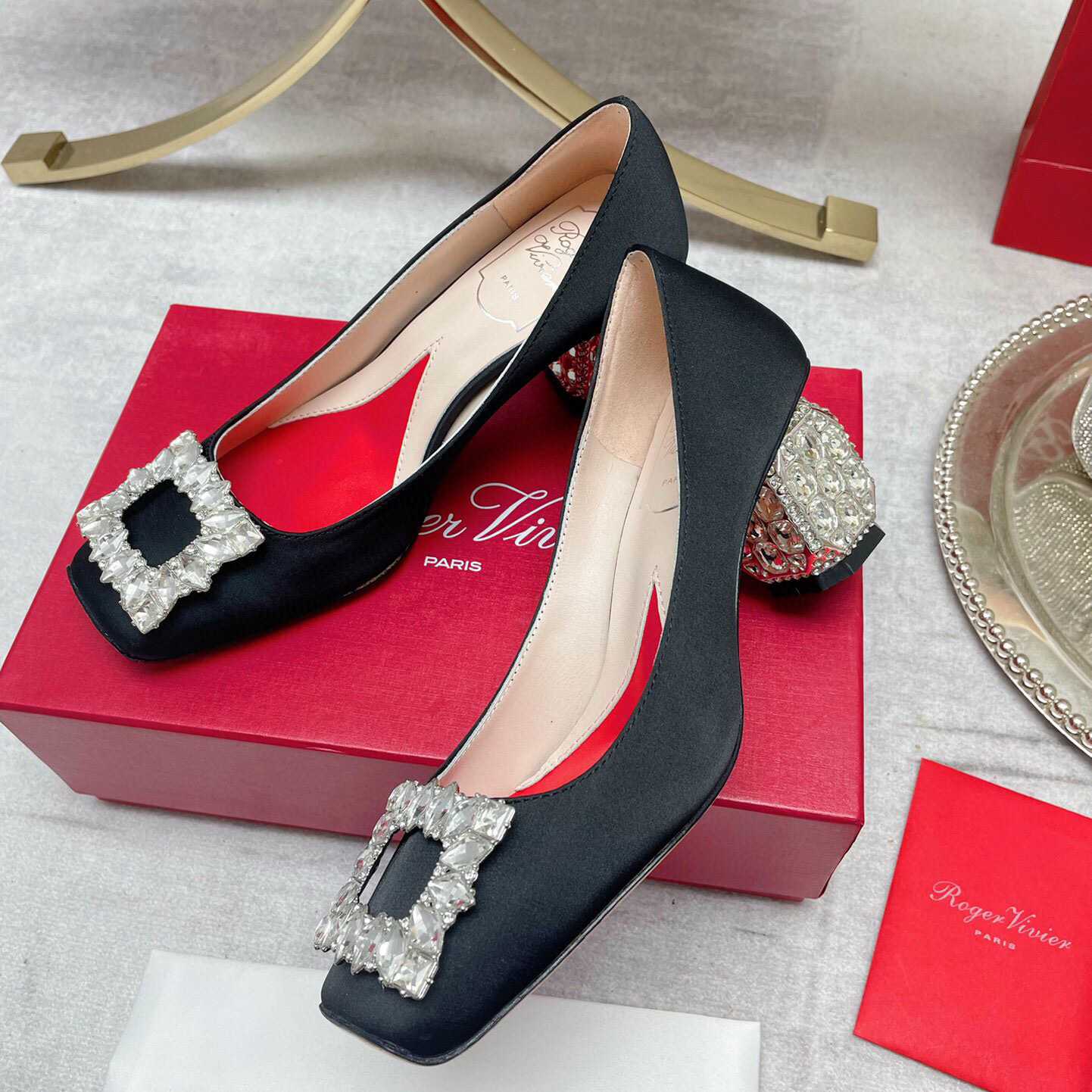 Roger Vivier Jewel Heel Rhinestone Buckle Pumps In Satin - DesignerGu