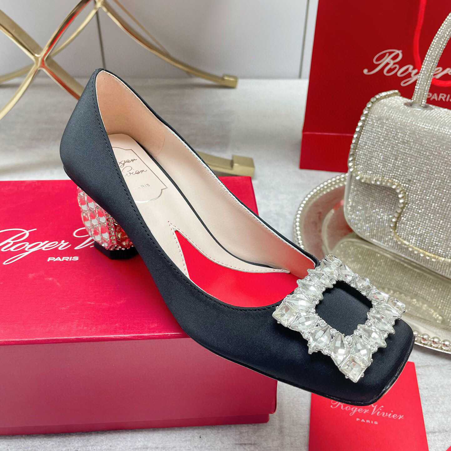 Roger Vivier Jewel Heel Rhinestone Buckle Pumps In Satin - DesignerGu