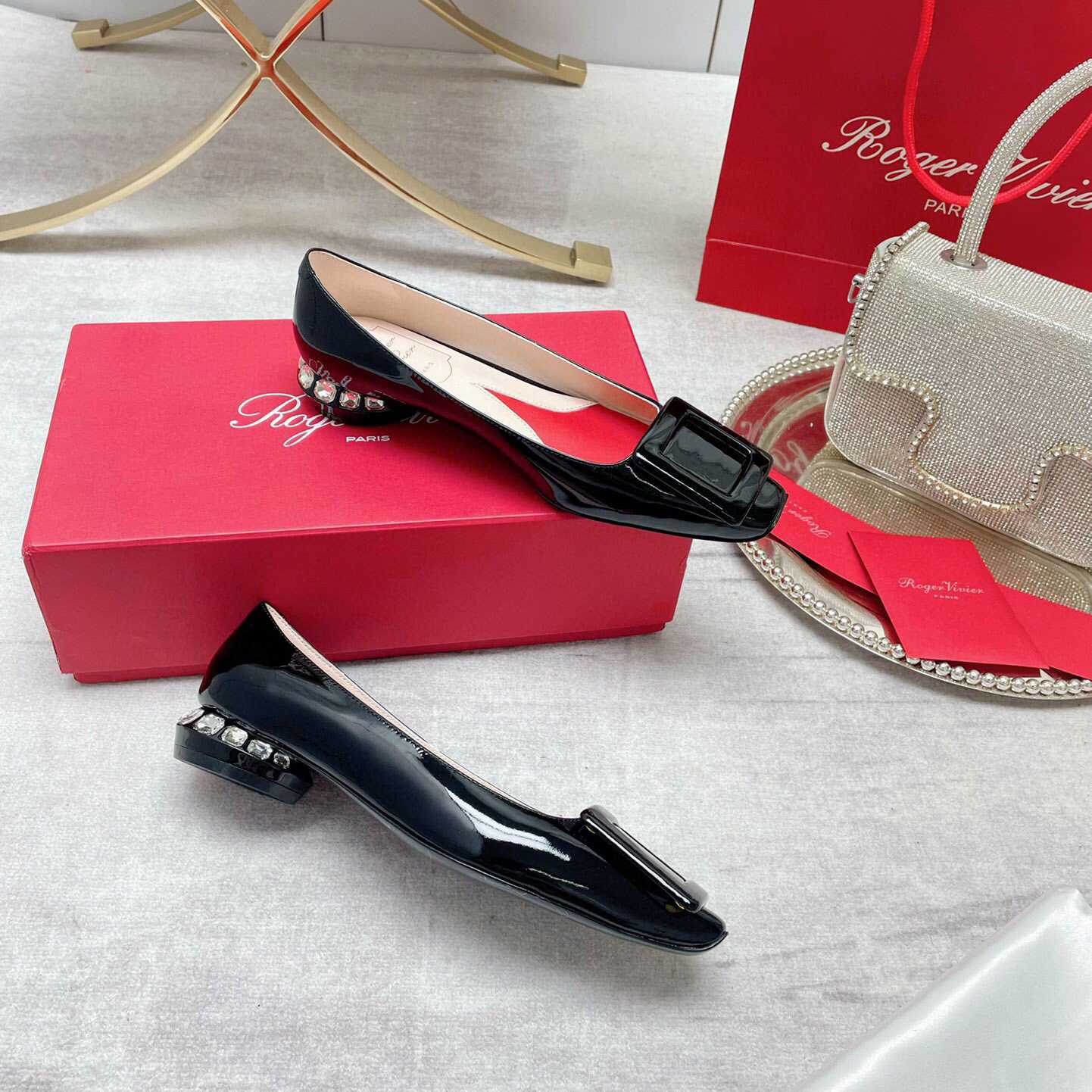 Roger Vivier Strass Heel Covered Buckle Ballerinas In Patent Leather - DesignerGu