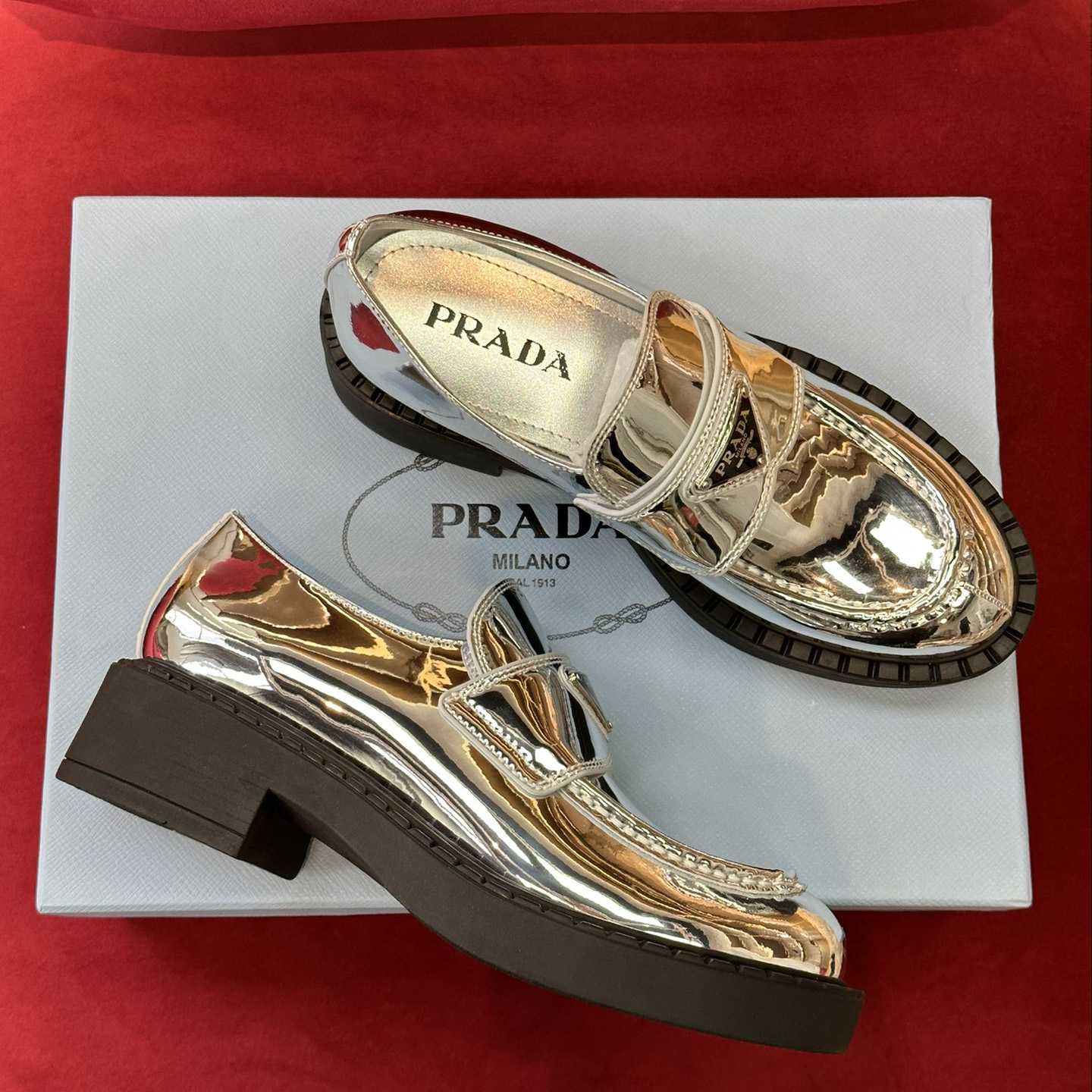 Prada Metallic Leather Loafers - DesignerGu