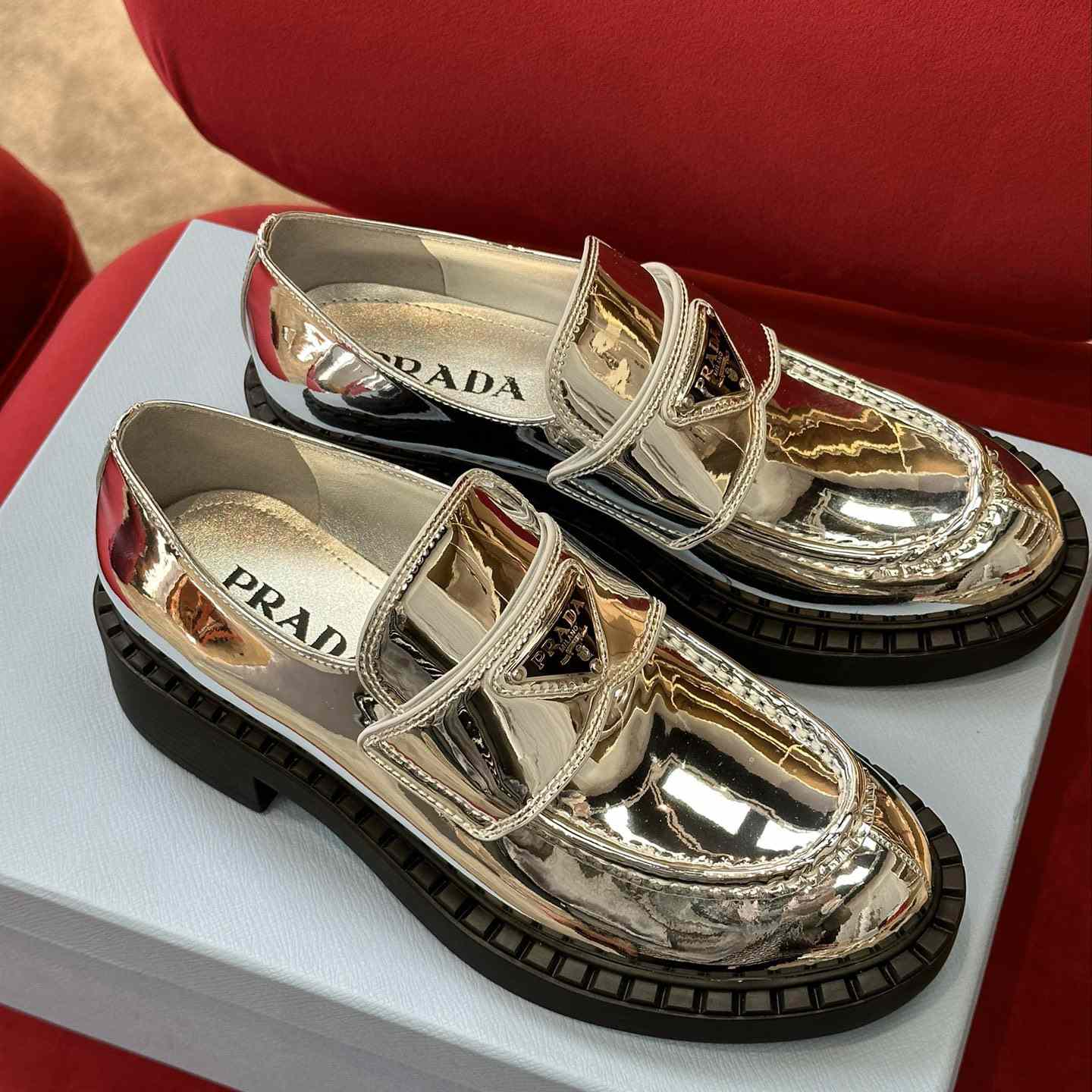 Prada Metallic Leather Loafers - DesignerGu