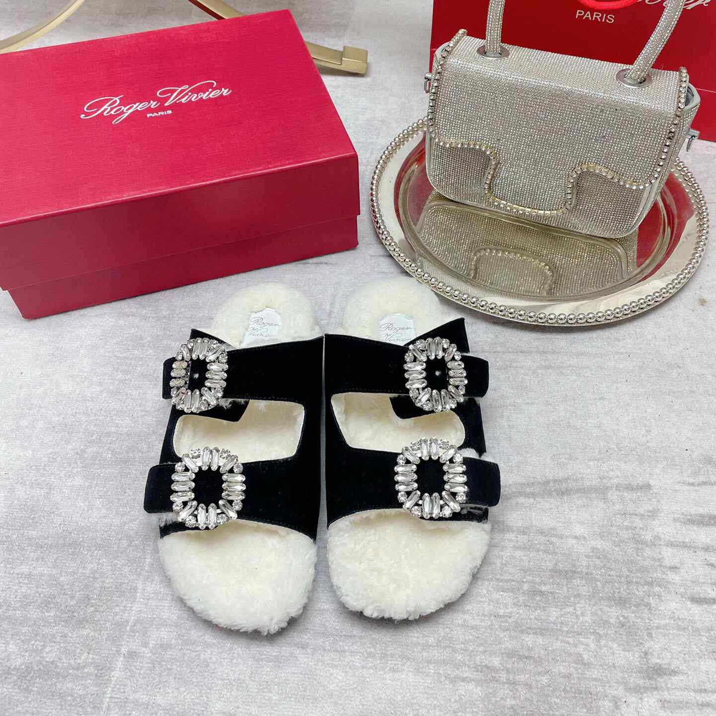 Roger Vivier Slidy Viv' Fur Strass Buckle Mules In Suede - DesignerGu