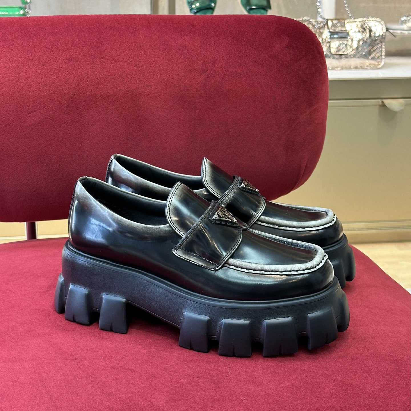 Prada Brushed Leather Monolith Loafers - DesignerGu