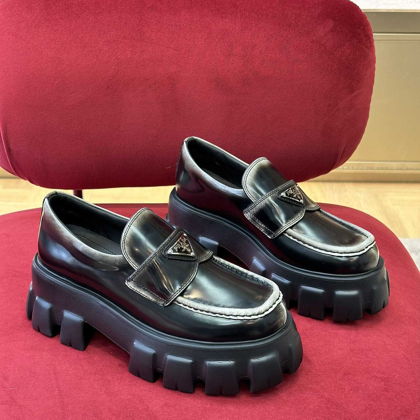 Prada Brushed Leather Monolith Loafers - DesignerGu