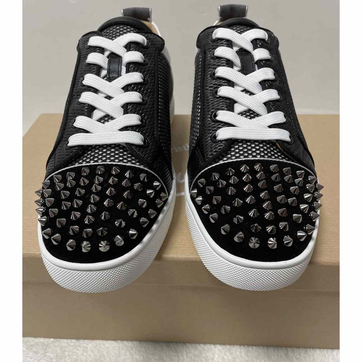 Christian Louboutin Louis Junior Spikes Suede-Trimmed Mesh And Leather Sneakers - DesignerGu