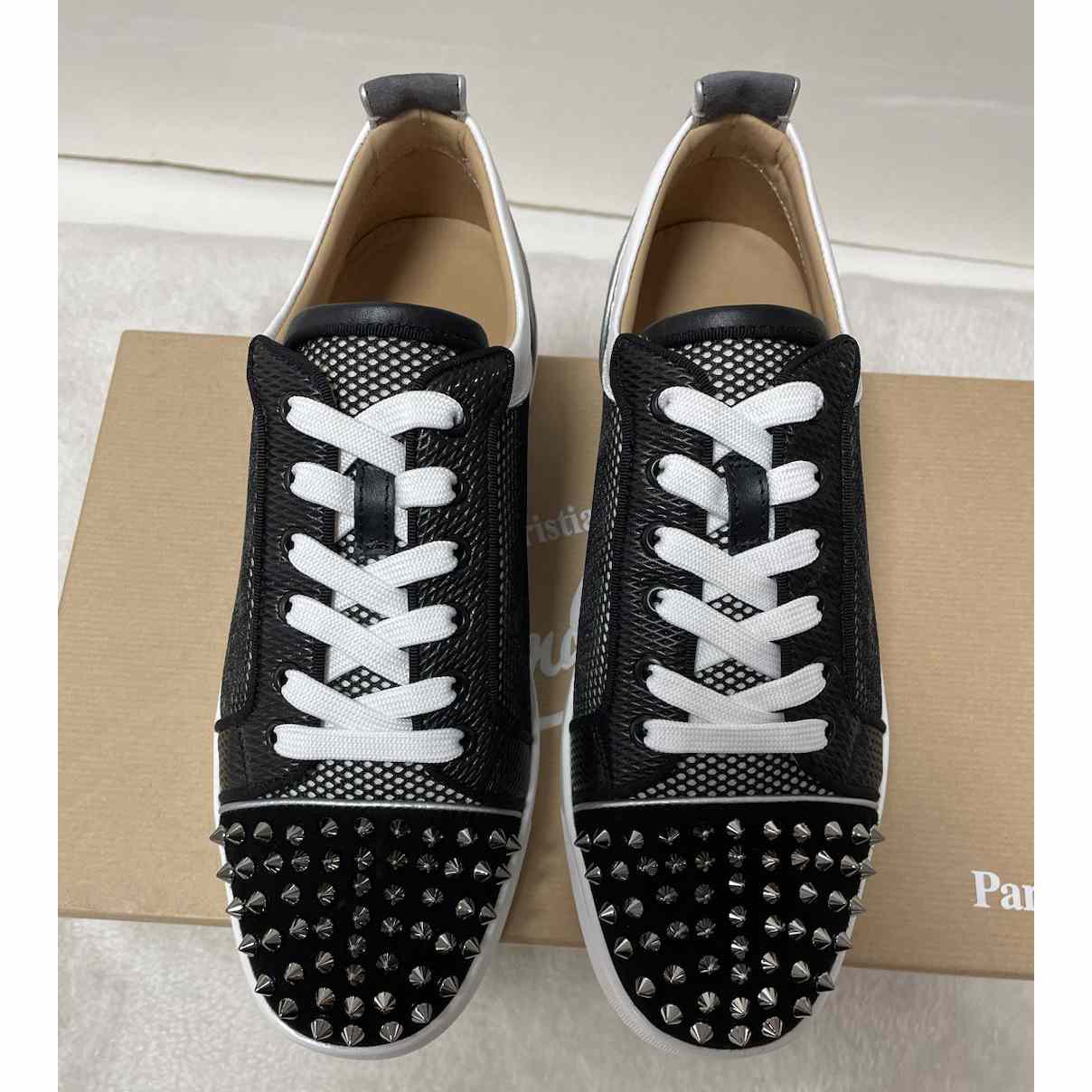 Christian Louboutin Louis Junior Spikes Suede-Trimmed Mesh And Leather Sneakers - DesignerGu