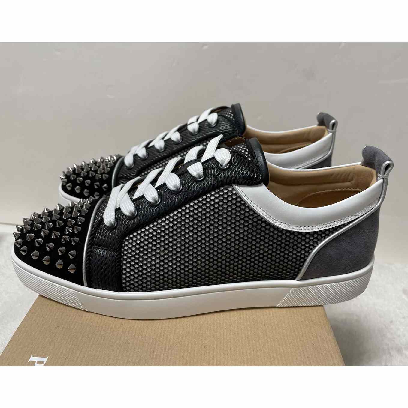 Christian Louboutin Louis Junior Spikes Suede-Trimmed Mesh And Leather Sneakers - DesignerGu