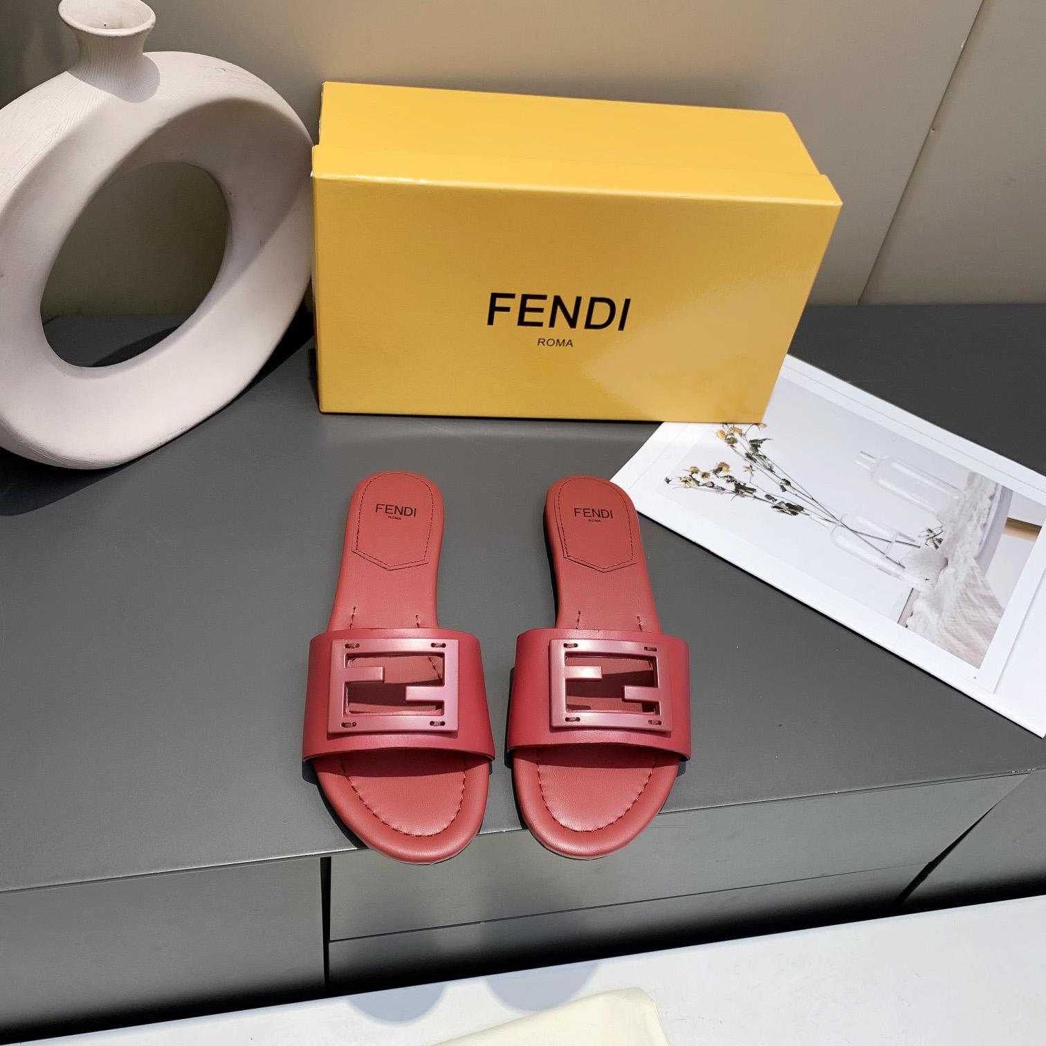 Fendi Signature Red Leather Slides - DesignerGu