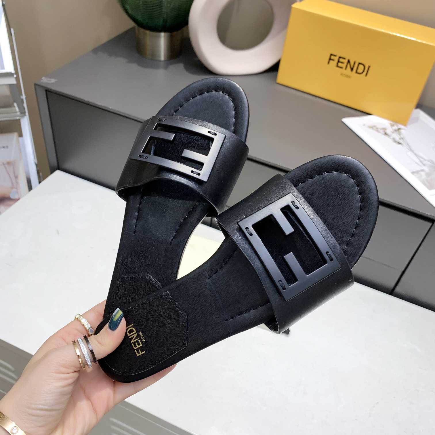 Fendi Signature Black Leather Slides - DesignerGu