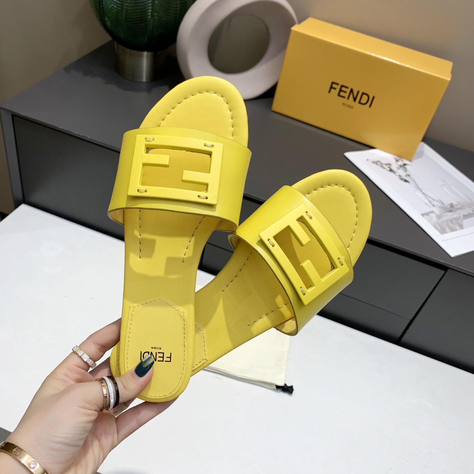 Fendi Signature Yellow Leather Slides - DesignerGu