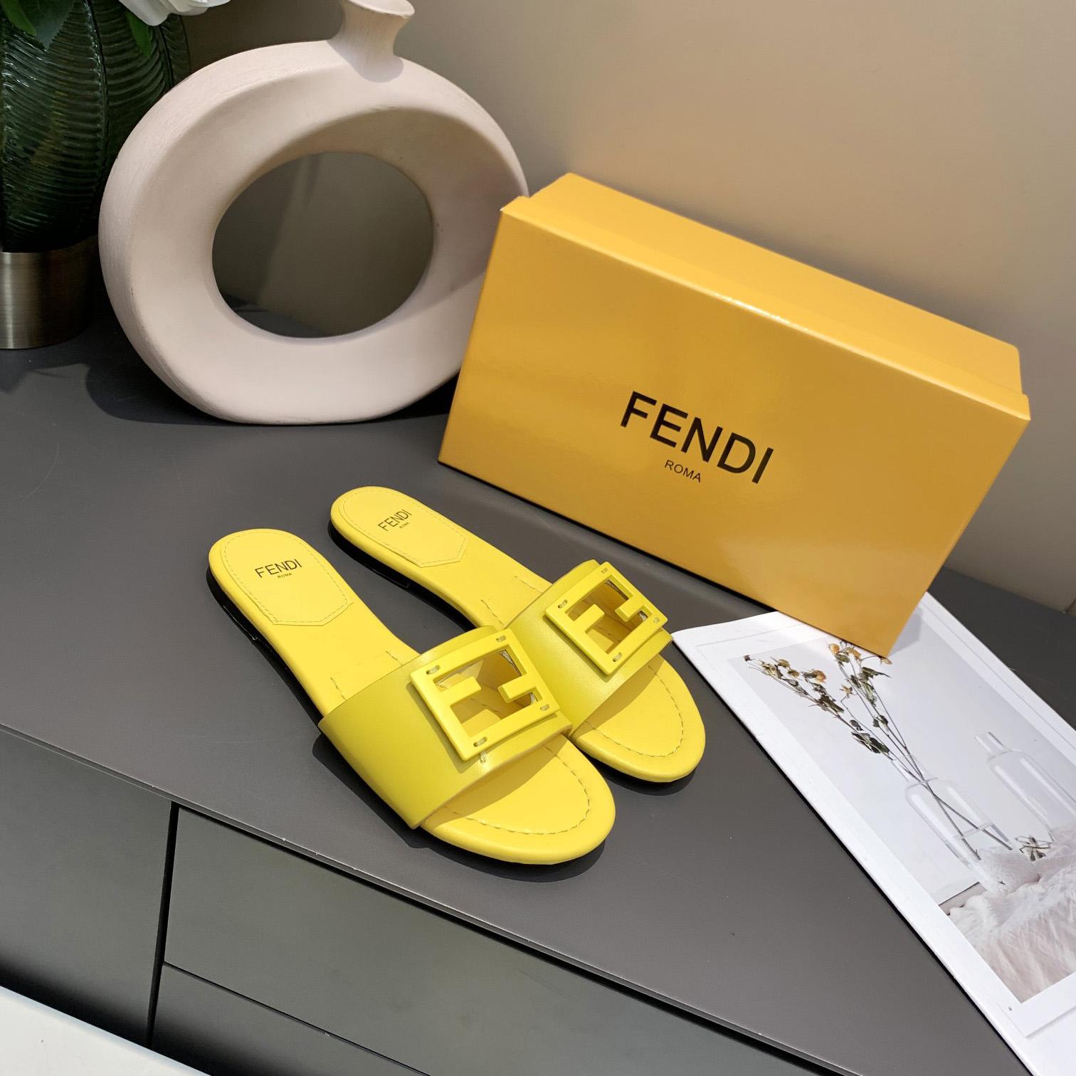 Fendi Signature Yellow Leather Slides - DesignerGu