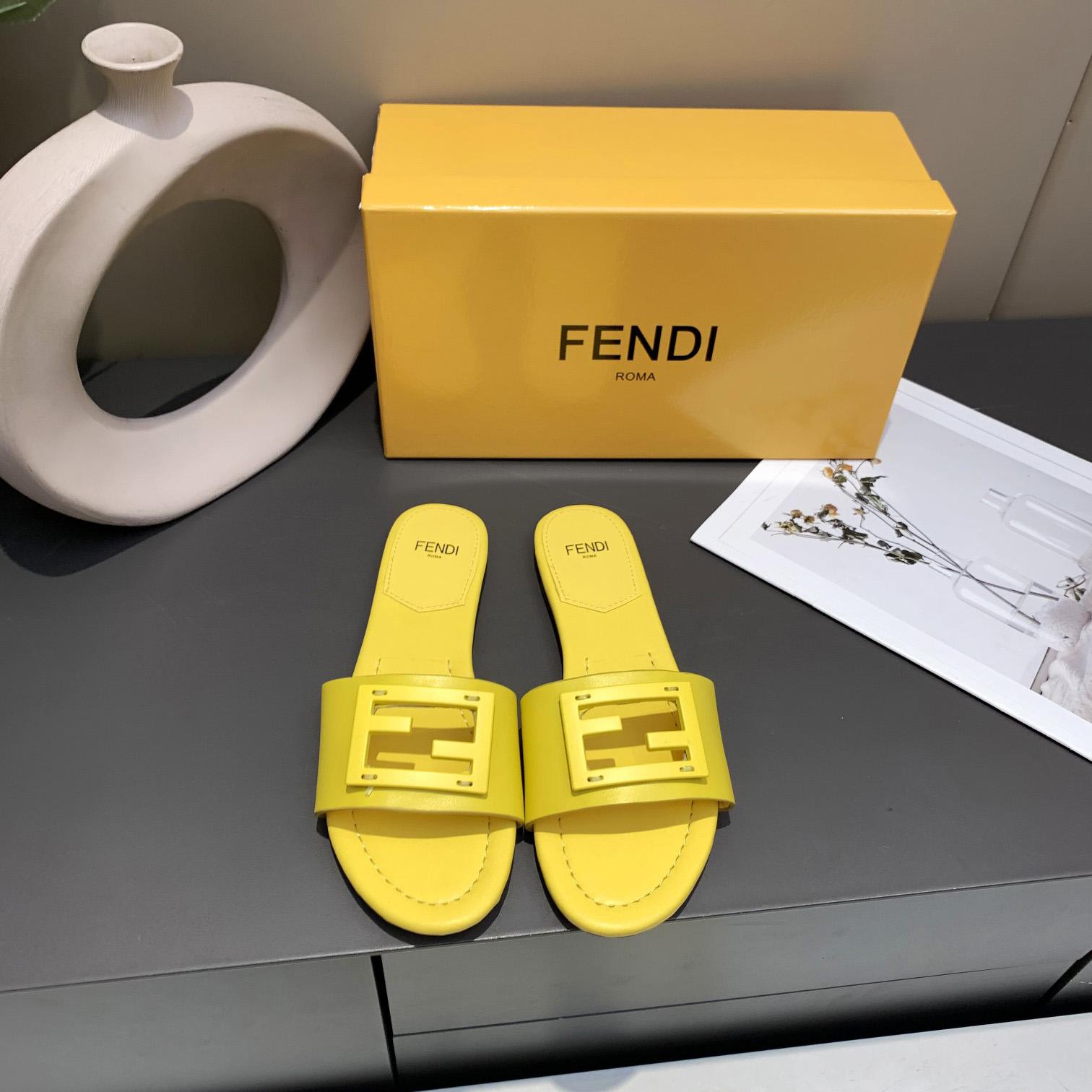 Fendi Signature Yellow Leather Slides - DesignerGu