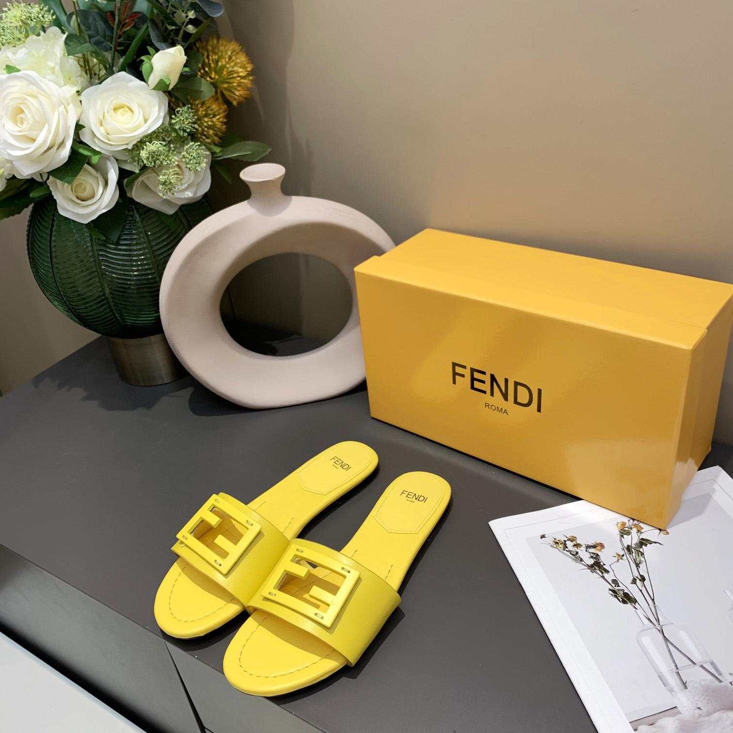 Fendi Signature Yellow Leather Slides - DesignerGu