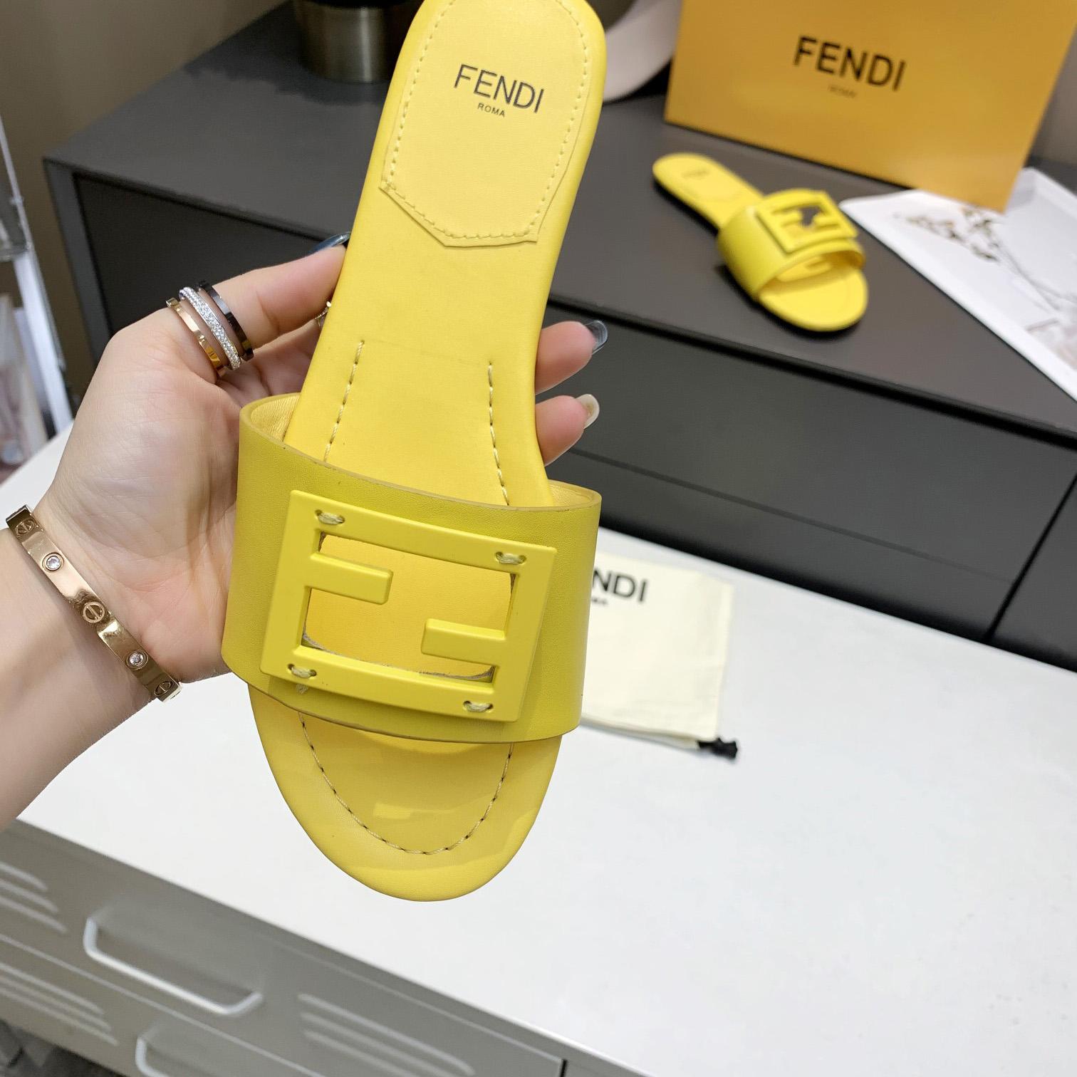 Fendi Signature Yellow Leather Slides - DesignerGu