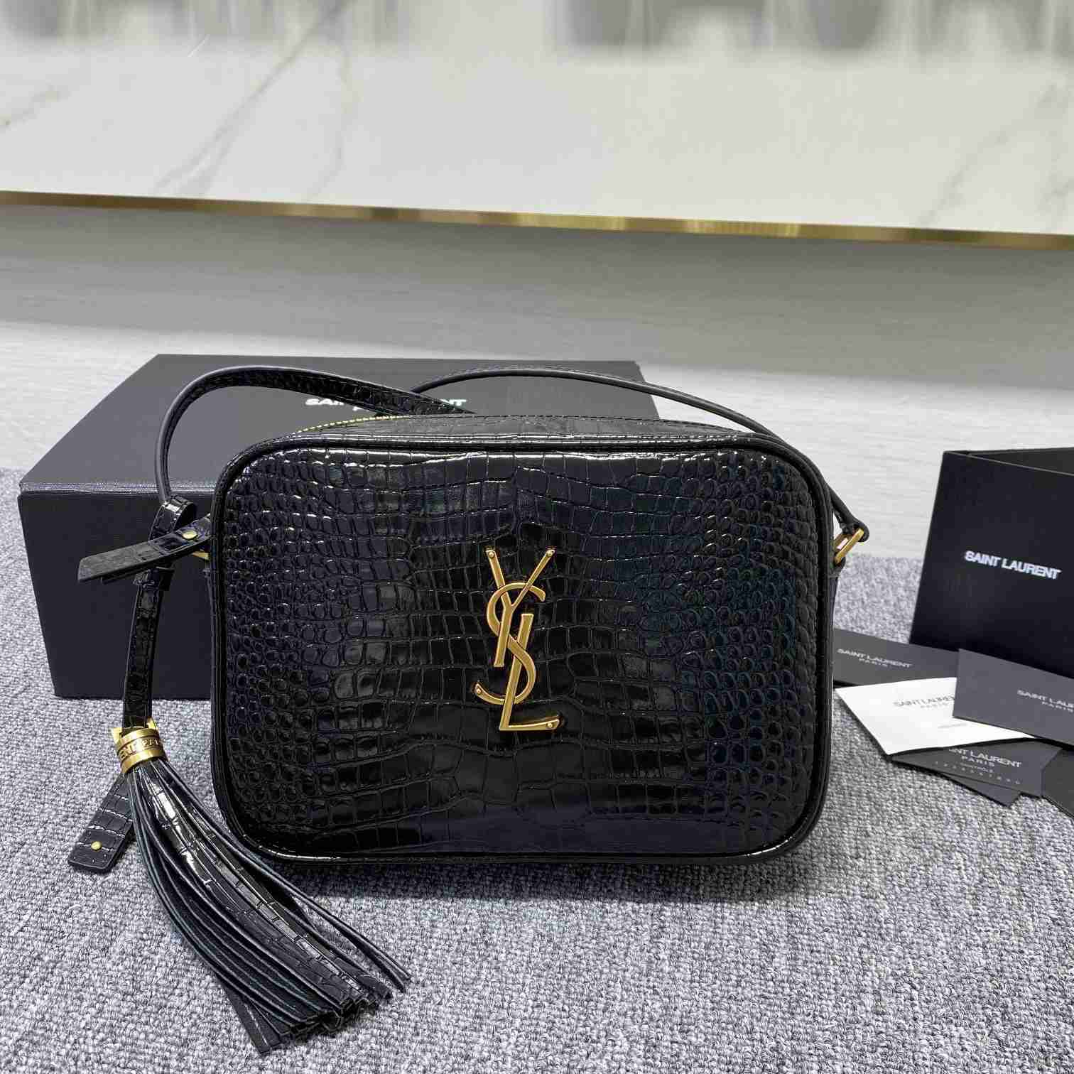 Saint Laurent Lou Camera Bag In Crocodile-Embossed Shiny Leather - DesignerGu