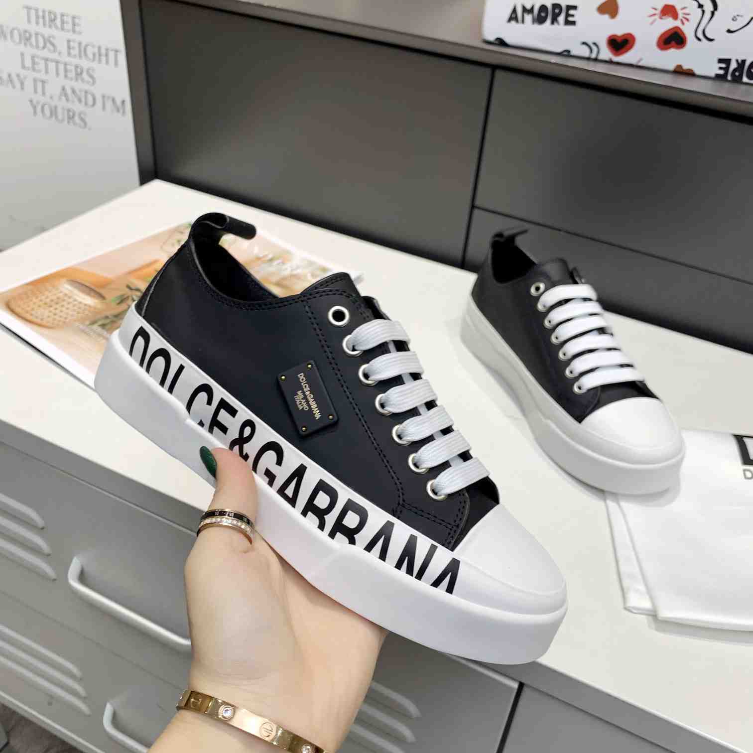 Dolce & Gabbana Calfskin Portofino Light Sneakers With Logo-Detailed Plate And Logo Print - DesignerGu