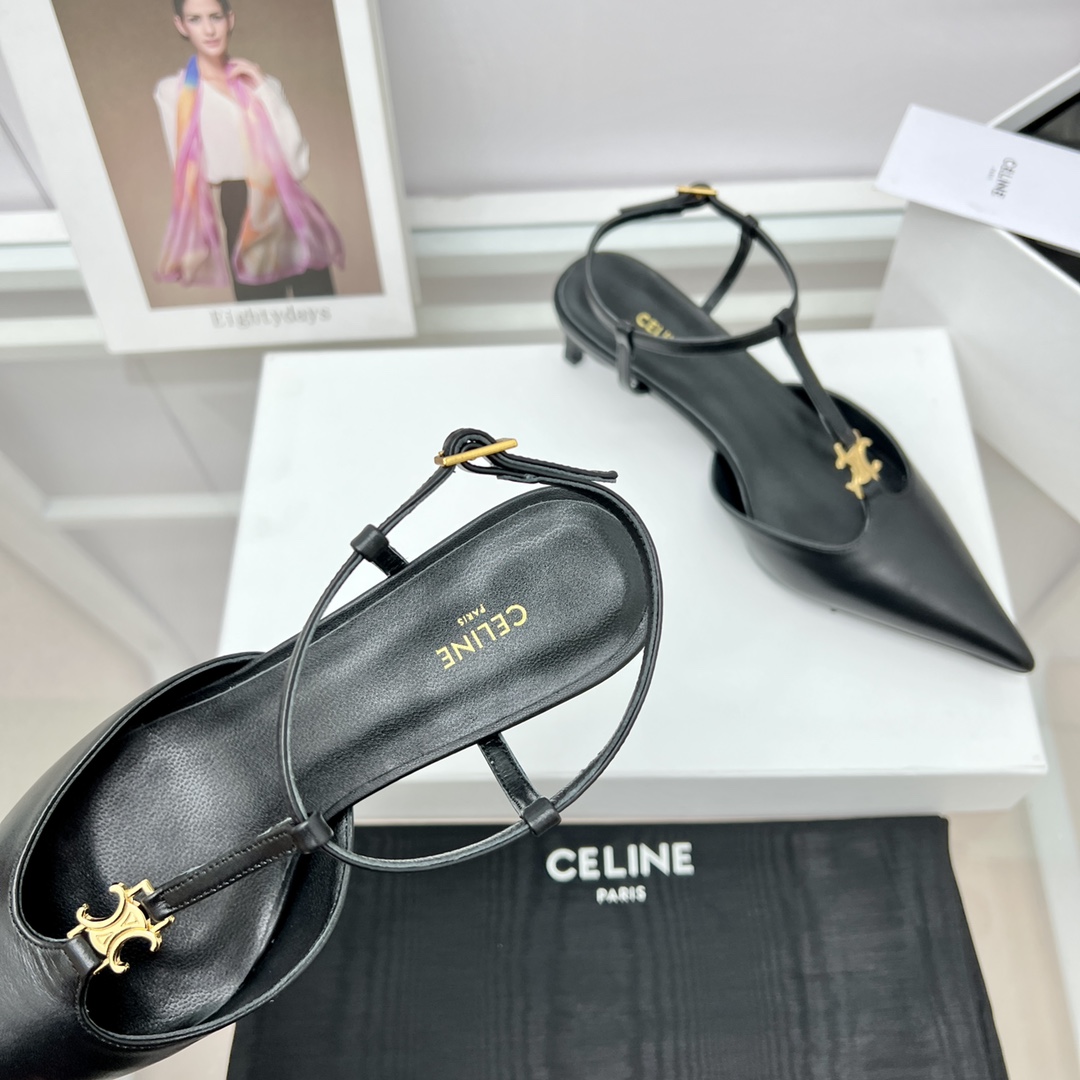 Celine Kitten With Triomphe T-Bar Strap In Calfskin  - DesignerGu