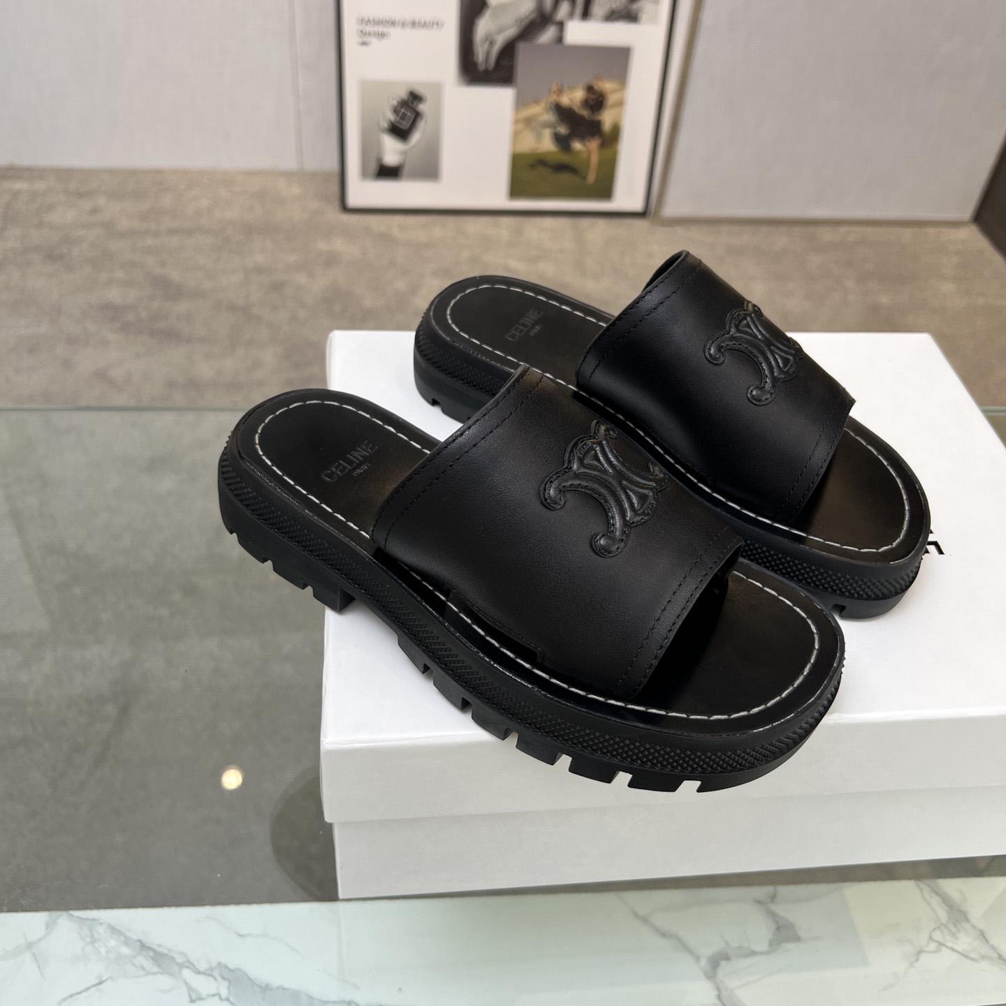 Celine Clea Triomphe Slide In Vegetable - Black Calfskin - DesignerGu