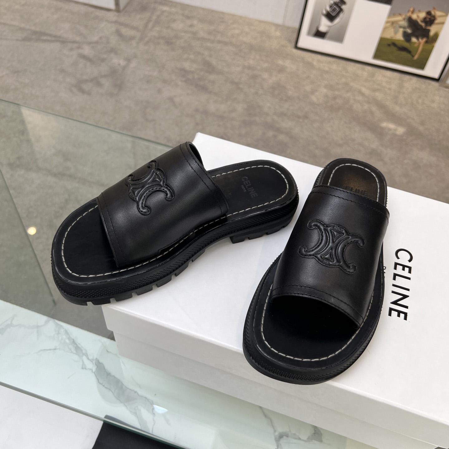 Celine Clea Triomphe Slide In Vegetable - Black Calfskin - DesignerGu