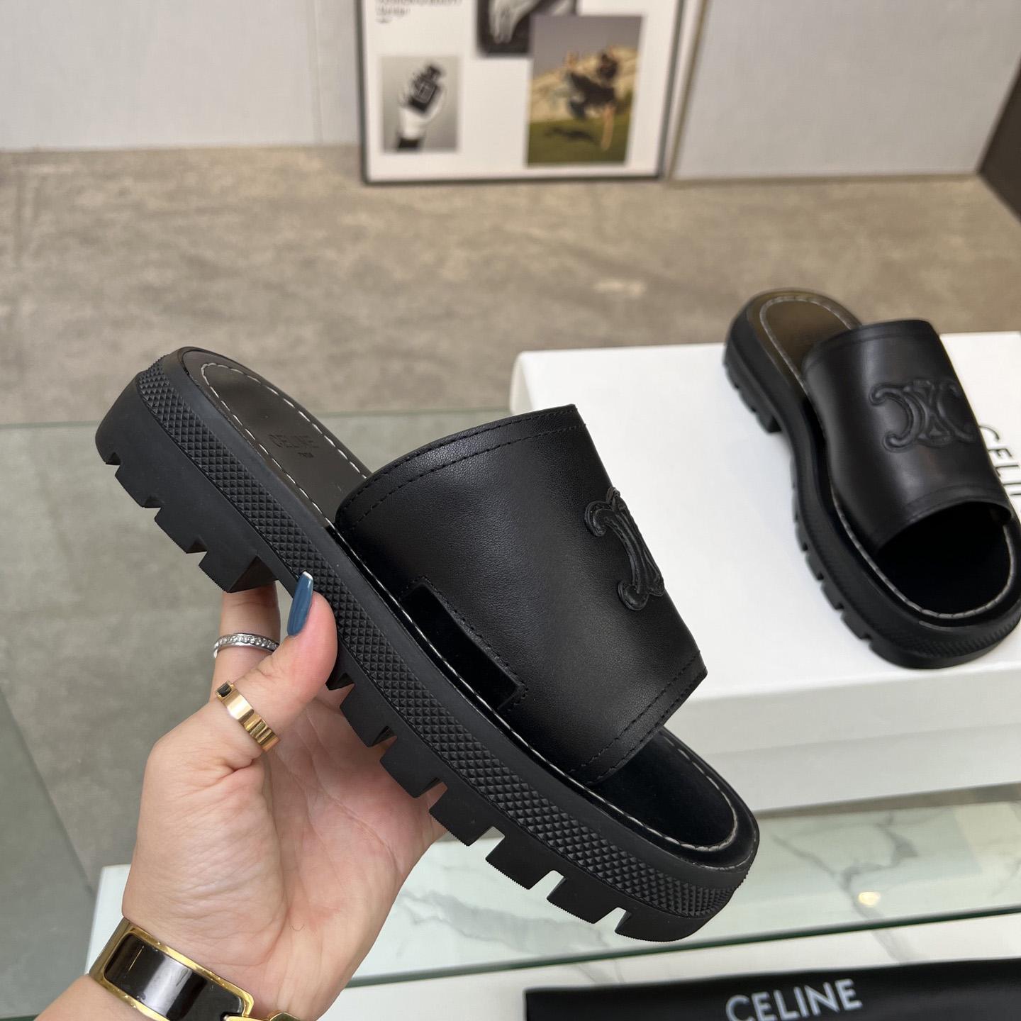 Celine Clea Triomphe Slide In Vegetable - Black Calfskin - DesignerGu