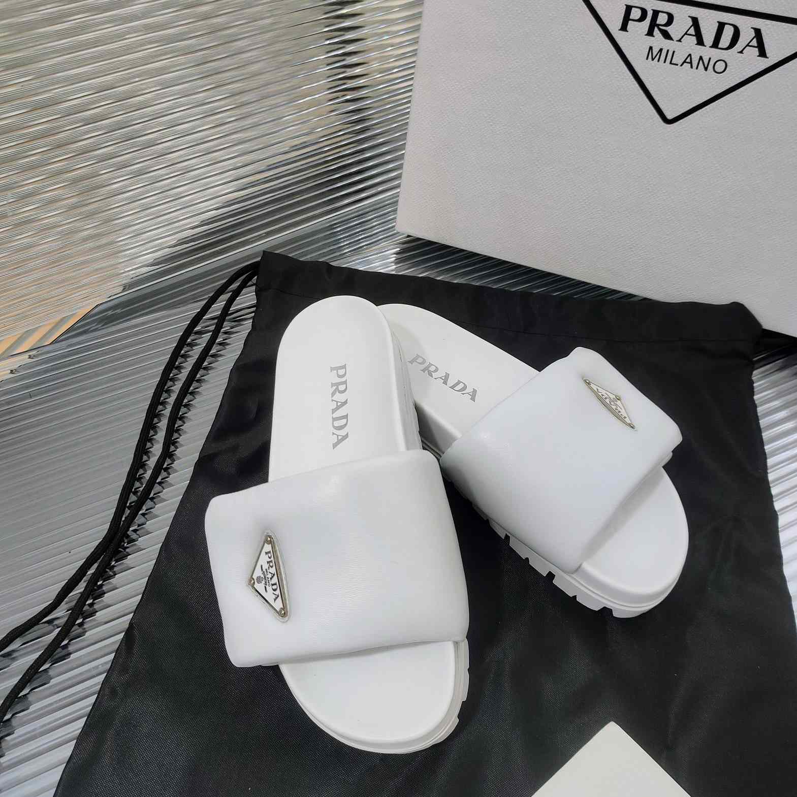 Prada Soft Padded Nappa Leather Slides - DesignerGu