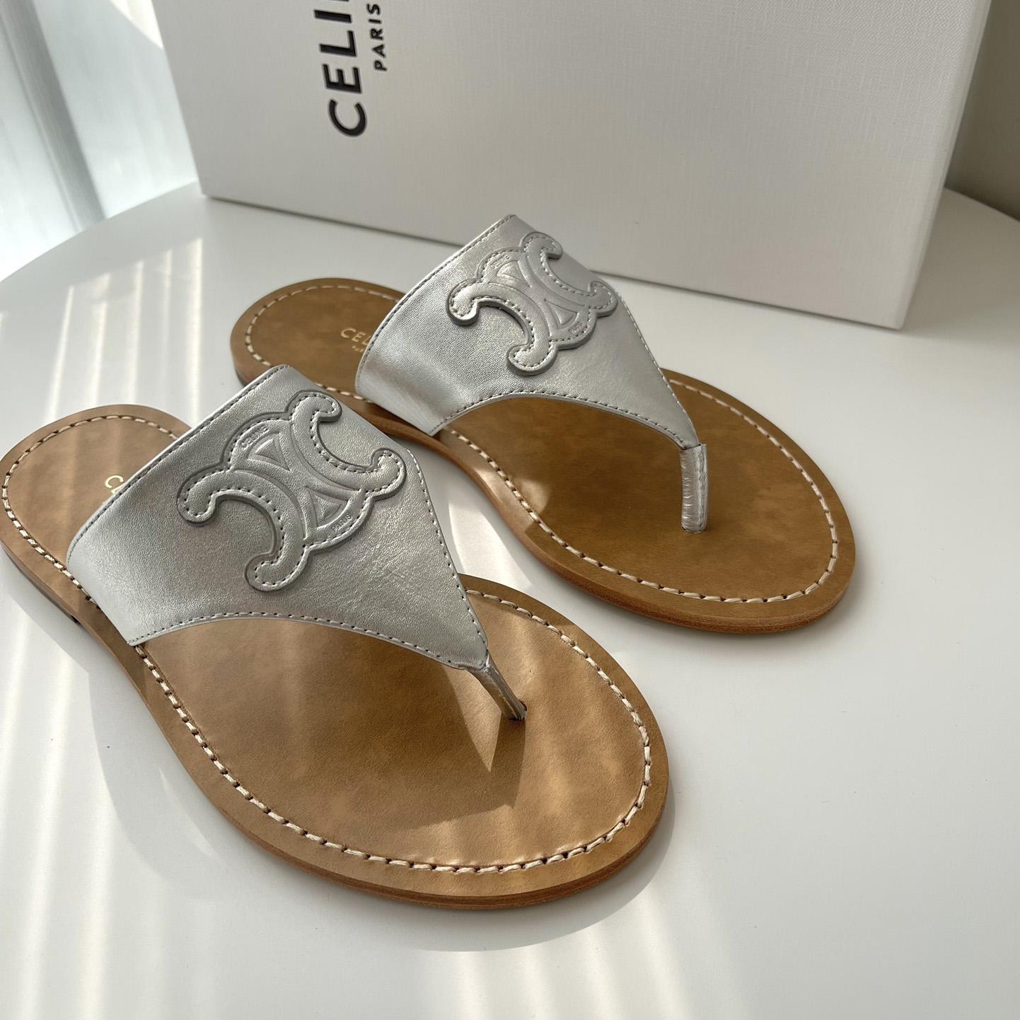 Celine Triomphe Flat Thong In Metalized Calfskin Silver - DesignerGu