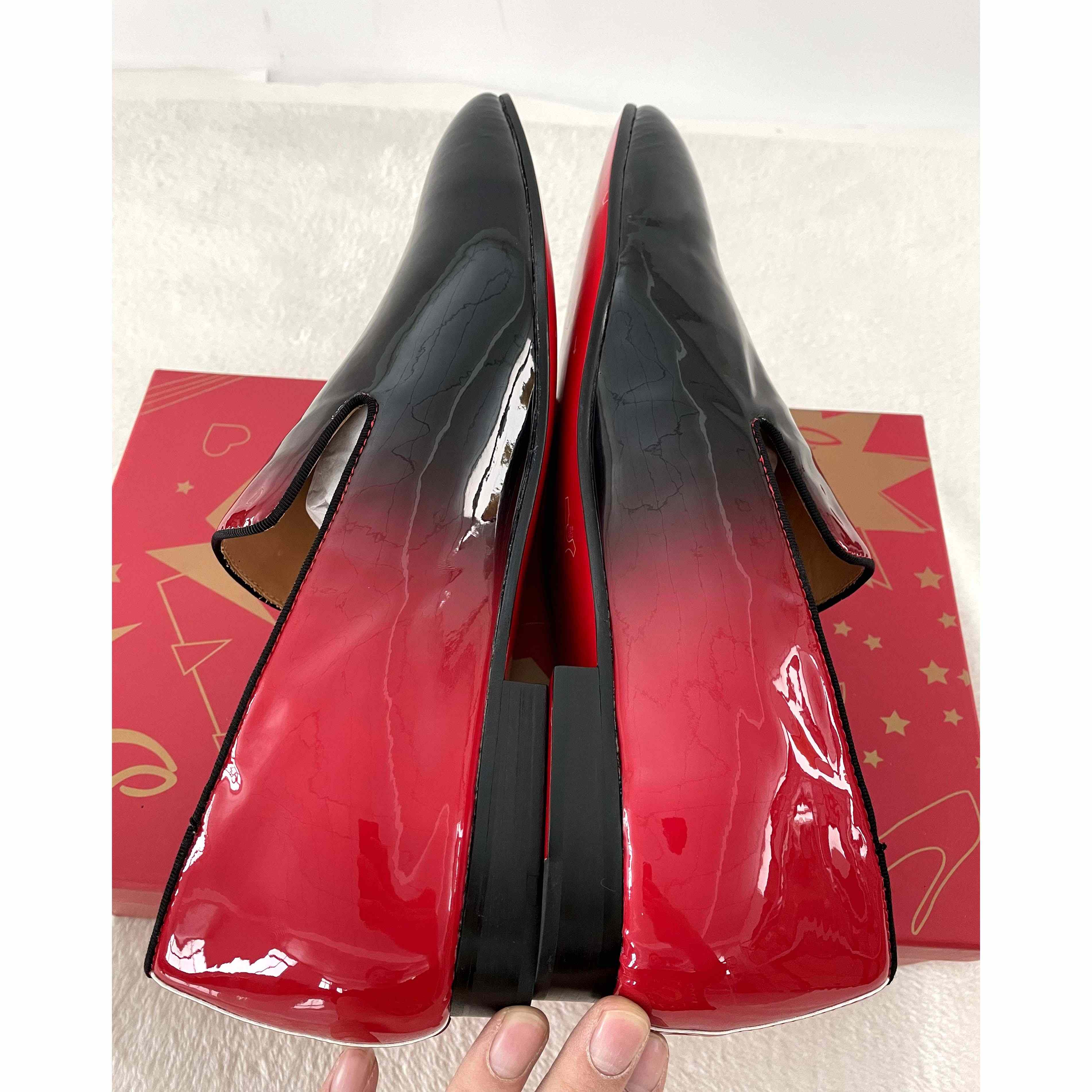 Christian Louboutin Black Red Patent leather Loafers Dress Shoes - DesignerGu